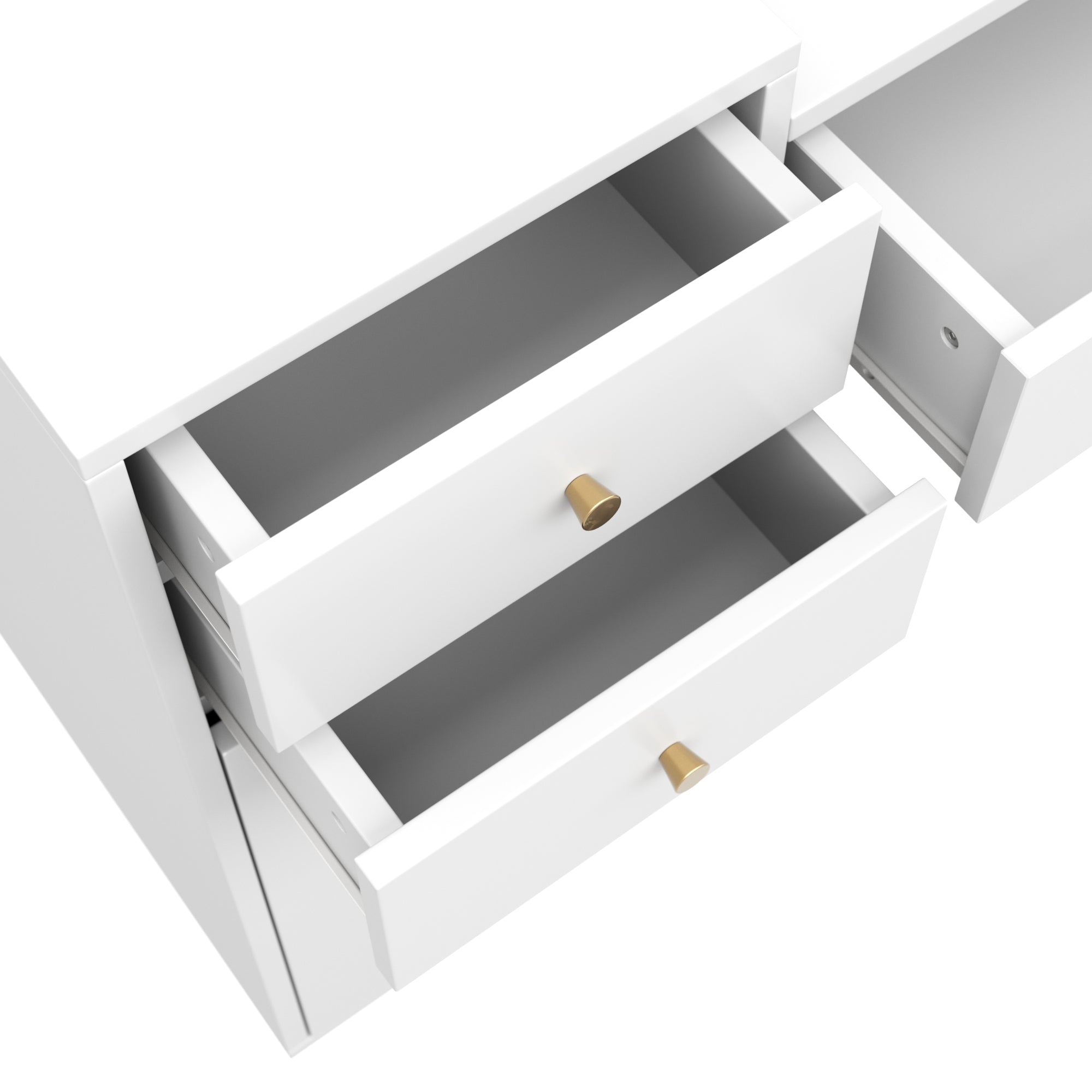 A white dresser with two open drawers, each featuring a gold knob, shown from an angled top view against a plain white background.