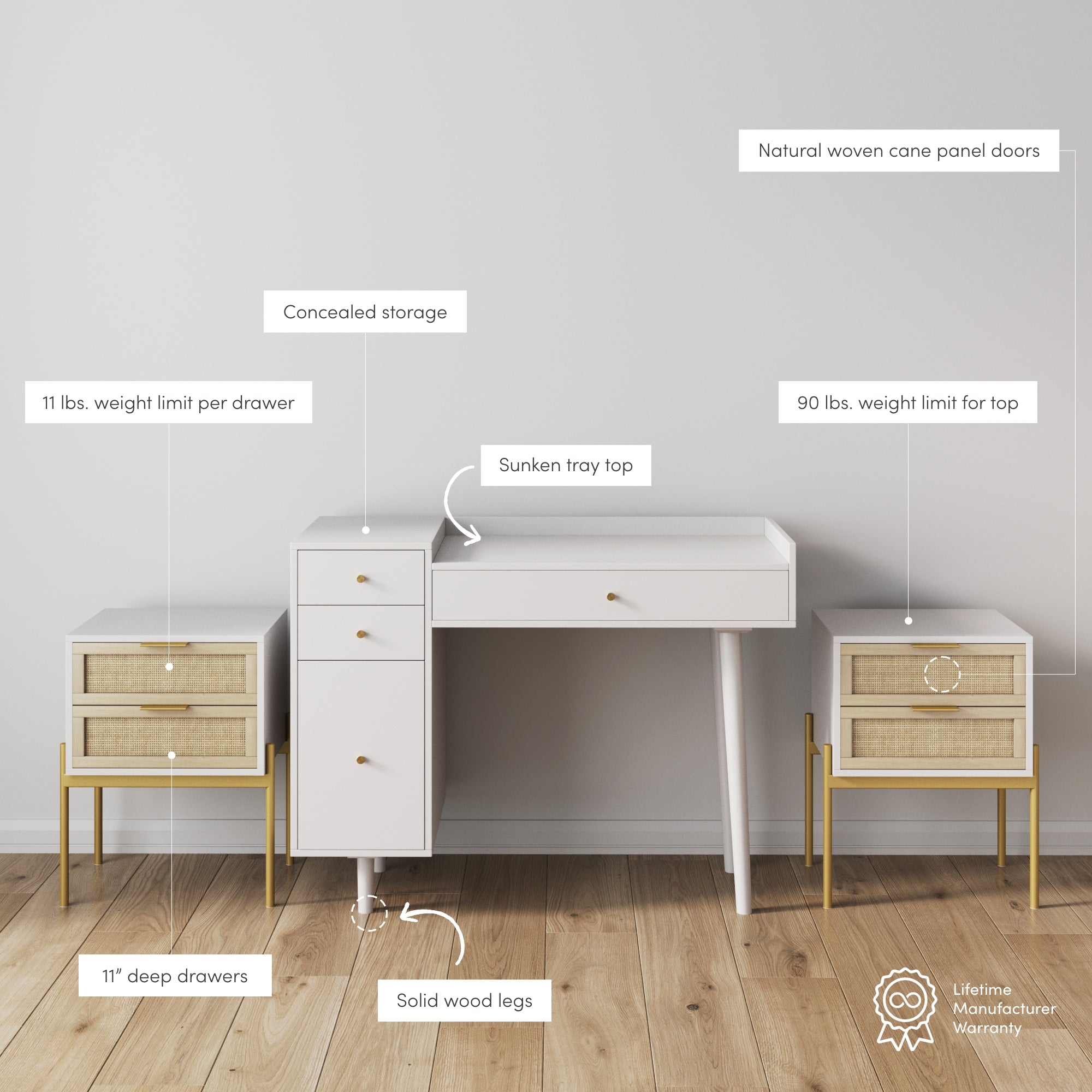 A modern white vanity set with cane panel doors, two side tables with solid wood legs, and labeled features including concealed storage, sunken tray top, and weight limits on a wood floor against a plain wall.
