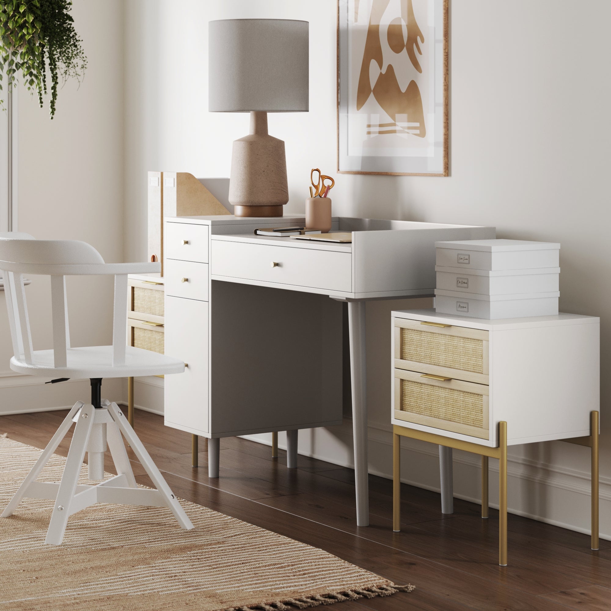 The Nathan James Farmhouse Wood Desk and End Table Bedroom Vanity Set offers a stylish solution for small spaces, pairing a classic desk with a versatile end table for added charm and functionality.