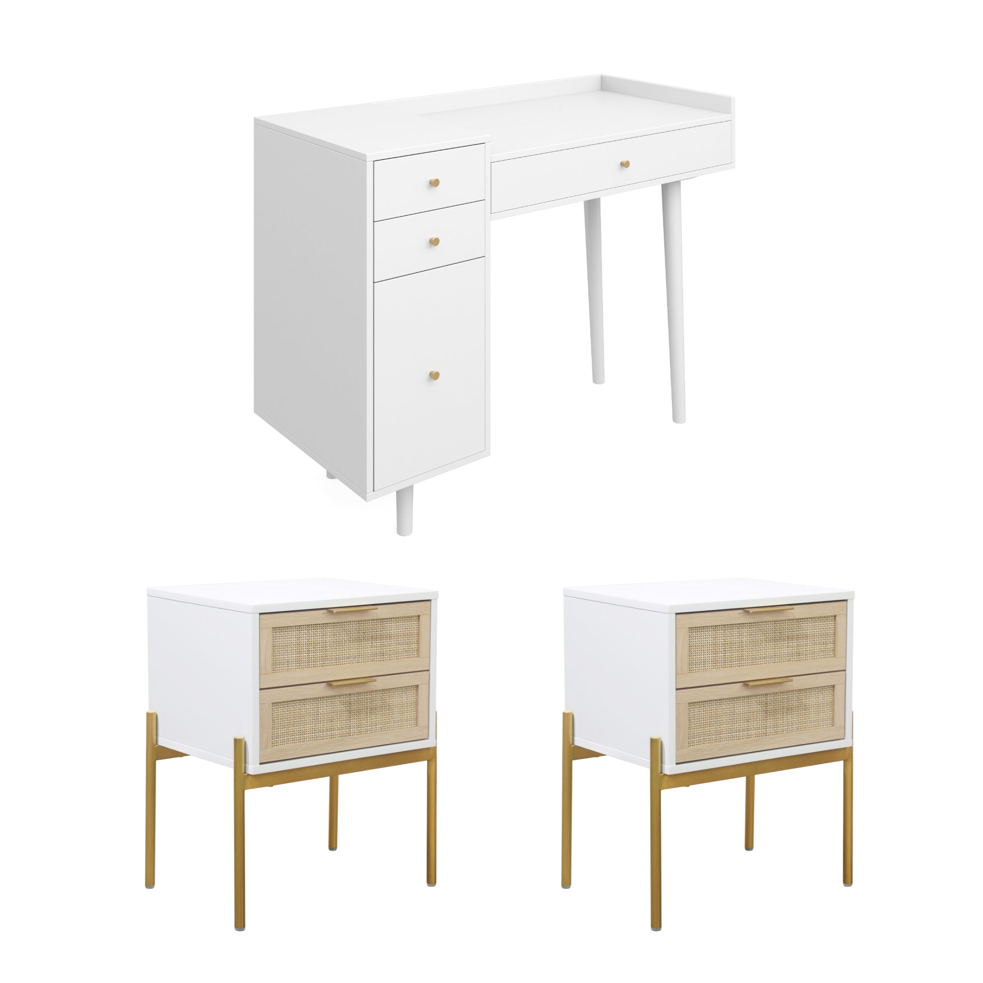 A modern white desk with three drawers and two matching white nightstands featuring rattan drawers and gold legs, all shown on a white background.