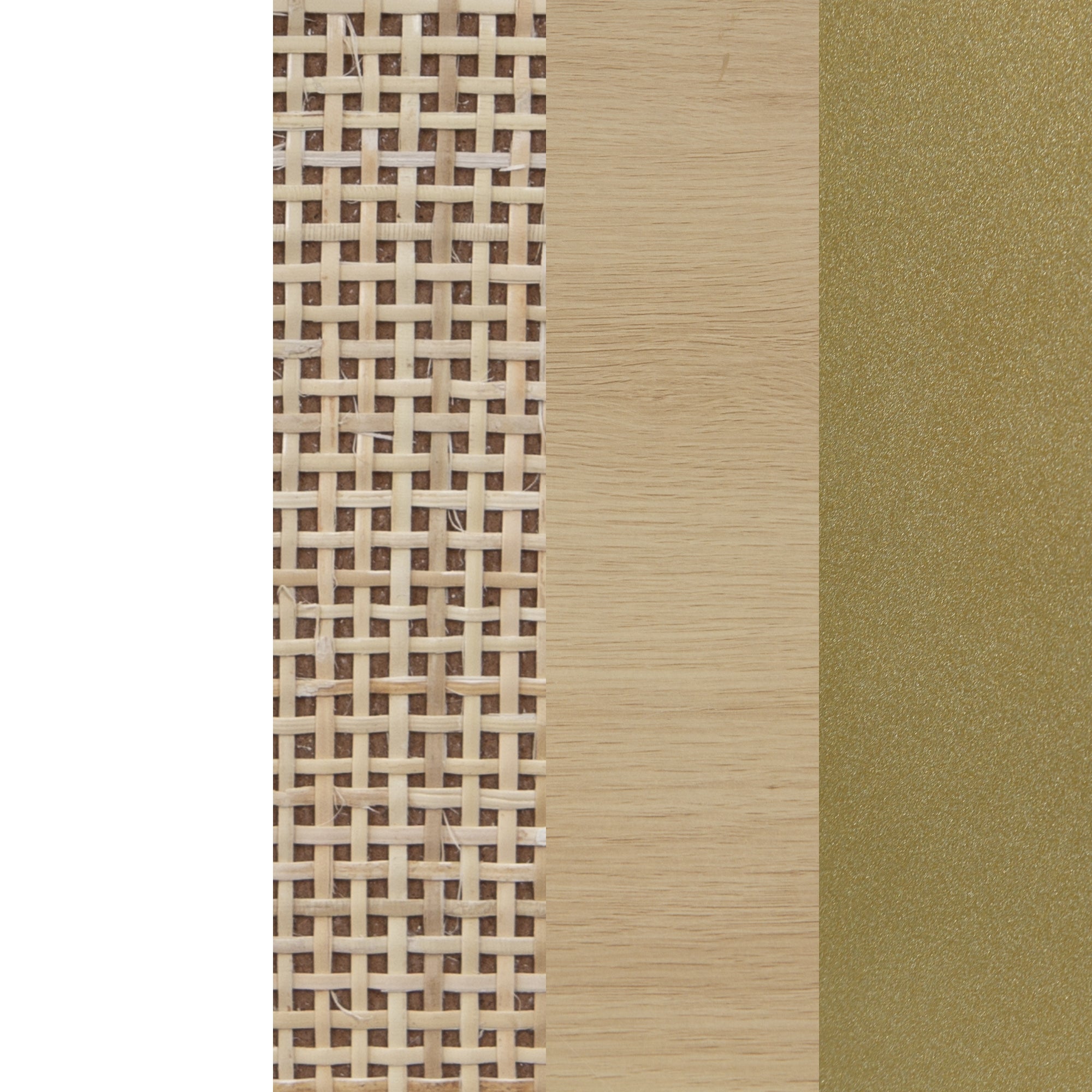 Four vertical panels show different textures: plain white, woven tan rattan, smooth light wood, and metallic gold. Each panel displays a distinct color and material pattern side by side.