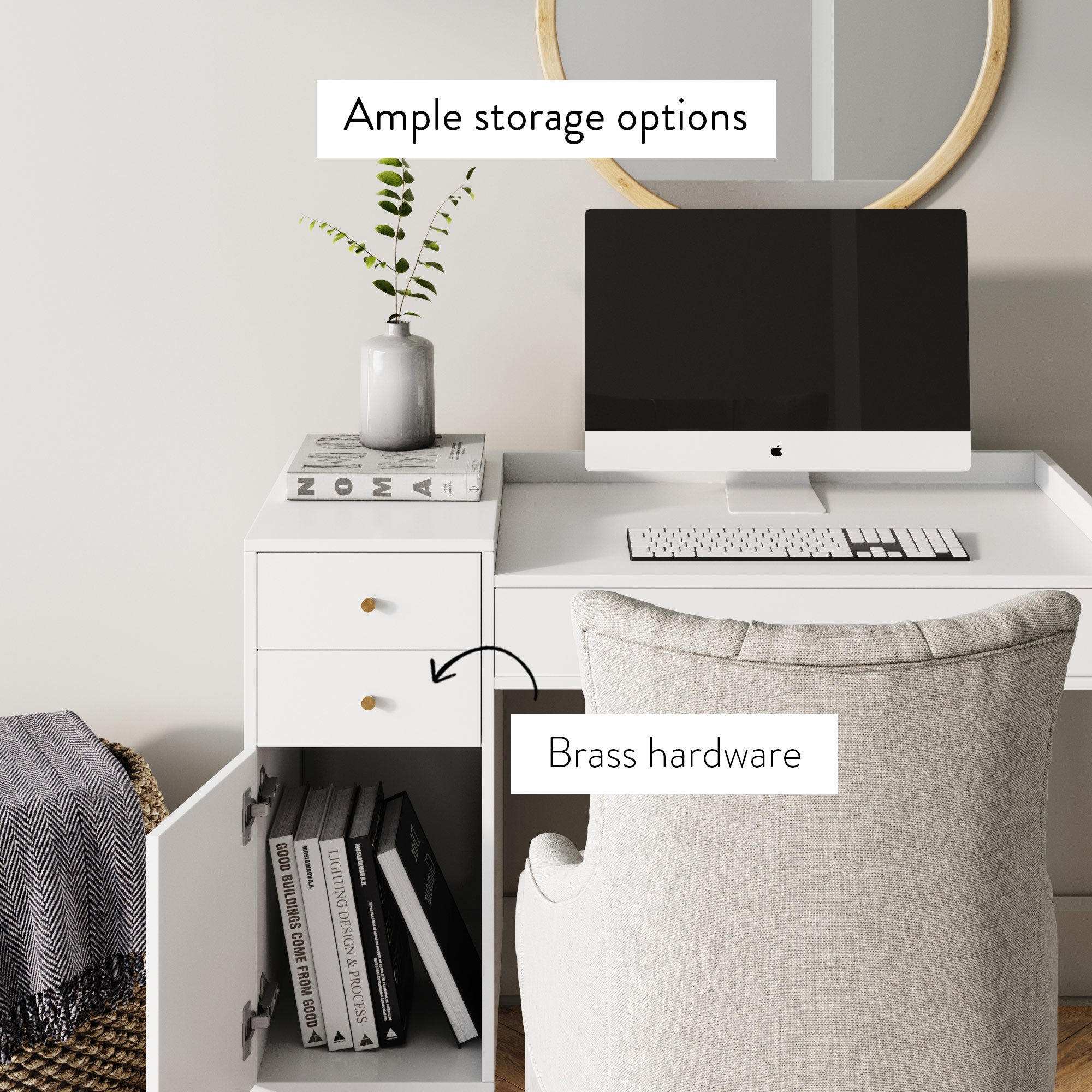 A modern white desk with a computer, vase, and books. The open cabinet and drawers reveal storage space with books, featuring brass hardware. A cushioned beige chair sits in front of the desk. Labels highlight storage and brass hardware.