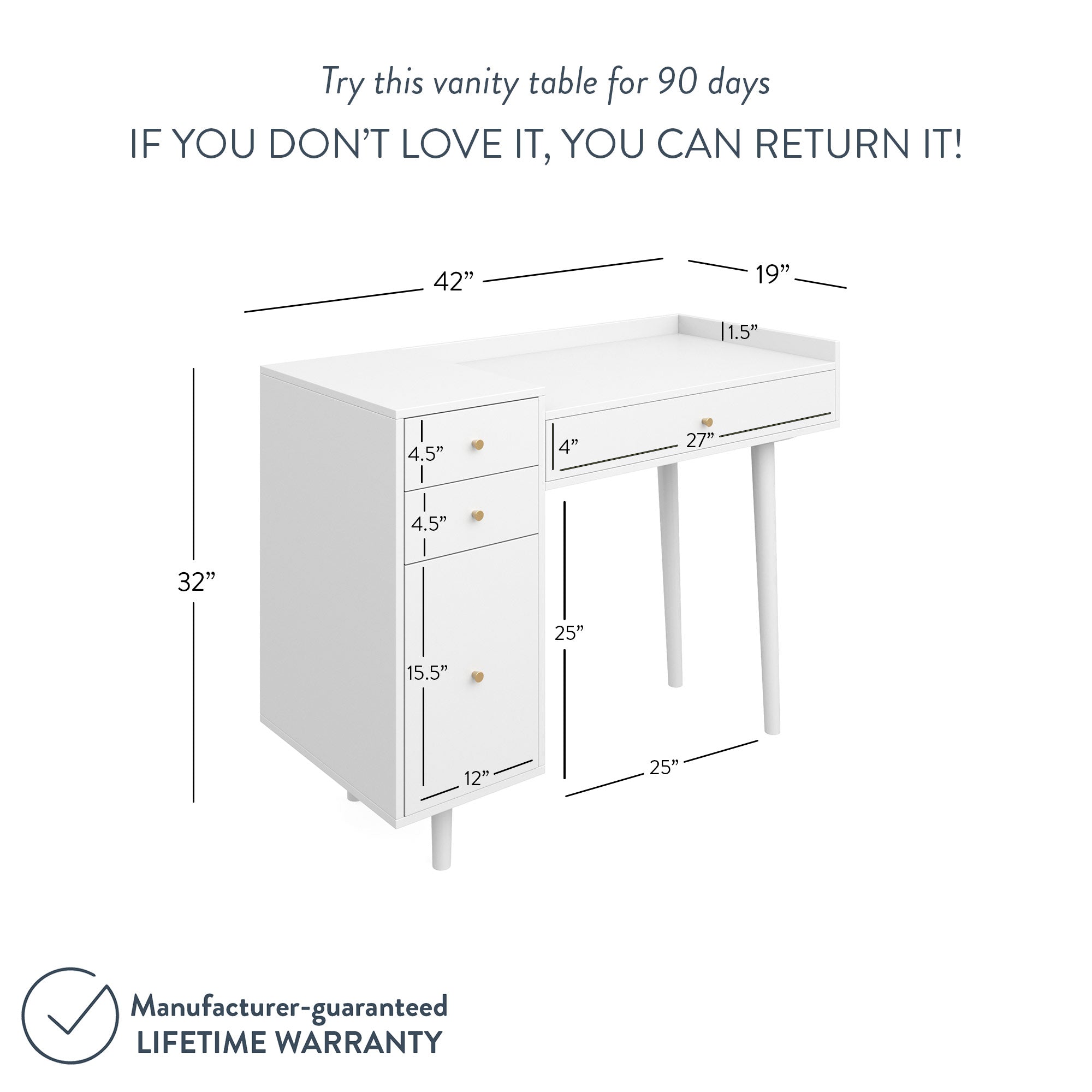 A white vanity table with three drawers on the left and open leg space on the right. It has labeled measurements and a 90-day return policy with a lifetime warranty is mentioned at the bottom.