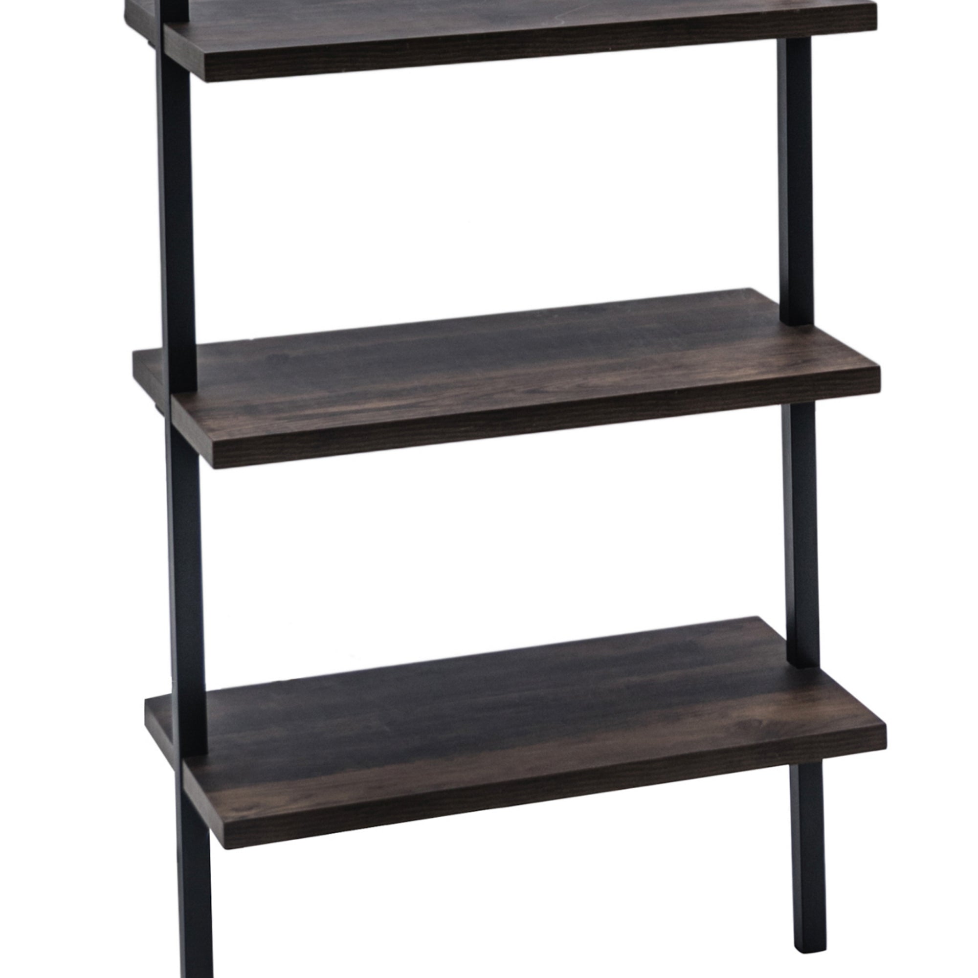 A close-up of a modern three-tier wooden shelf with dark brown shelves and black metal supports, set against a white background.
