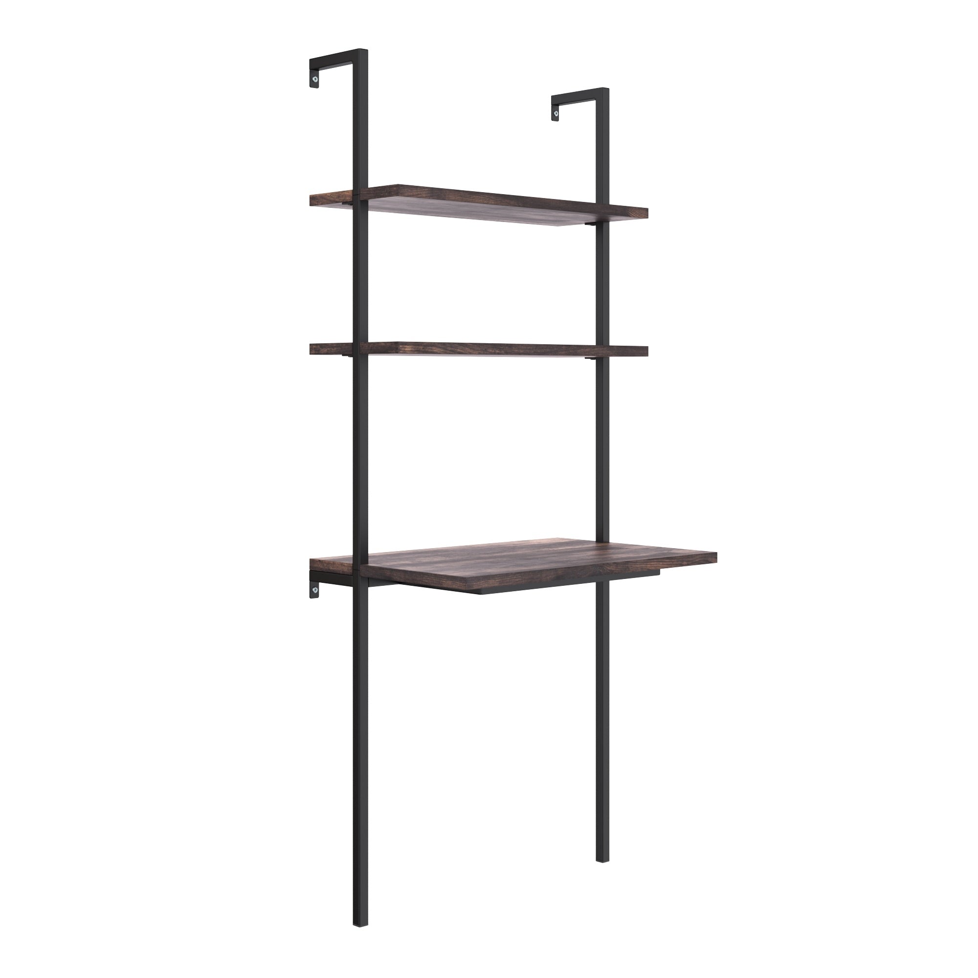 A wall-mounted shelving unit with a dark wood finish features two upper shelves and a lower, wider shelf that functions as a desk, all supported by a black metal frame.