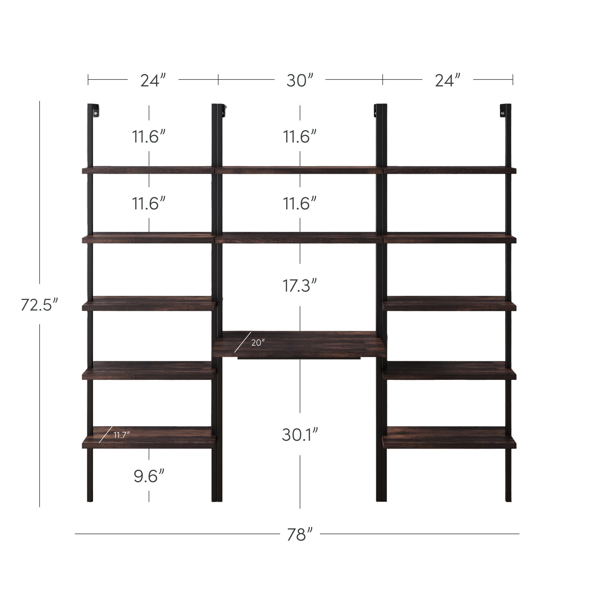 Wall-mounted shelving unit with three vertical supports, multiple horizontal shelves of varying heights, a 20-inch wide desk space in the center, and overall dimensions and shelf spacing labeled in inches.