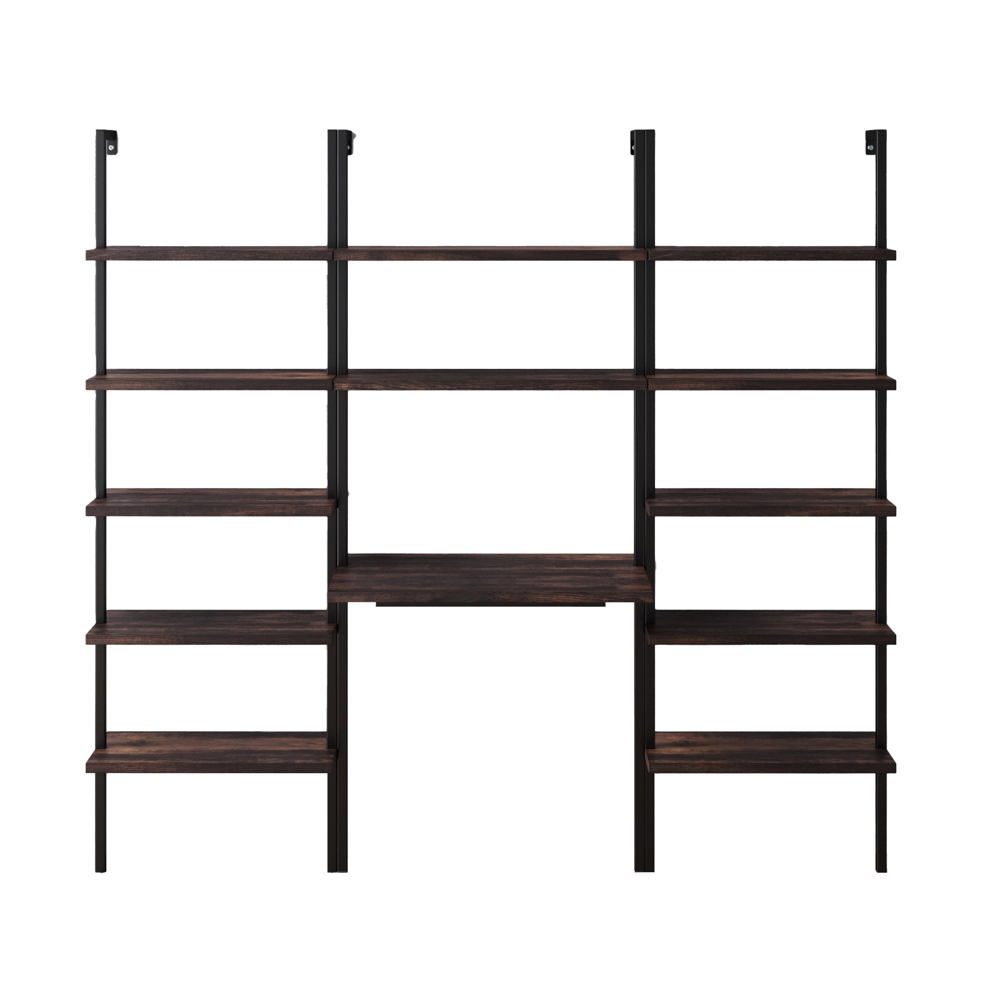 A dark wooden wall-mounted shelving unit with three vertical supports and multiple shelves arranged on both sides, with a wider shelf or desk in the center, against a white background.