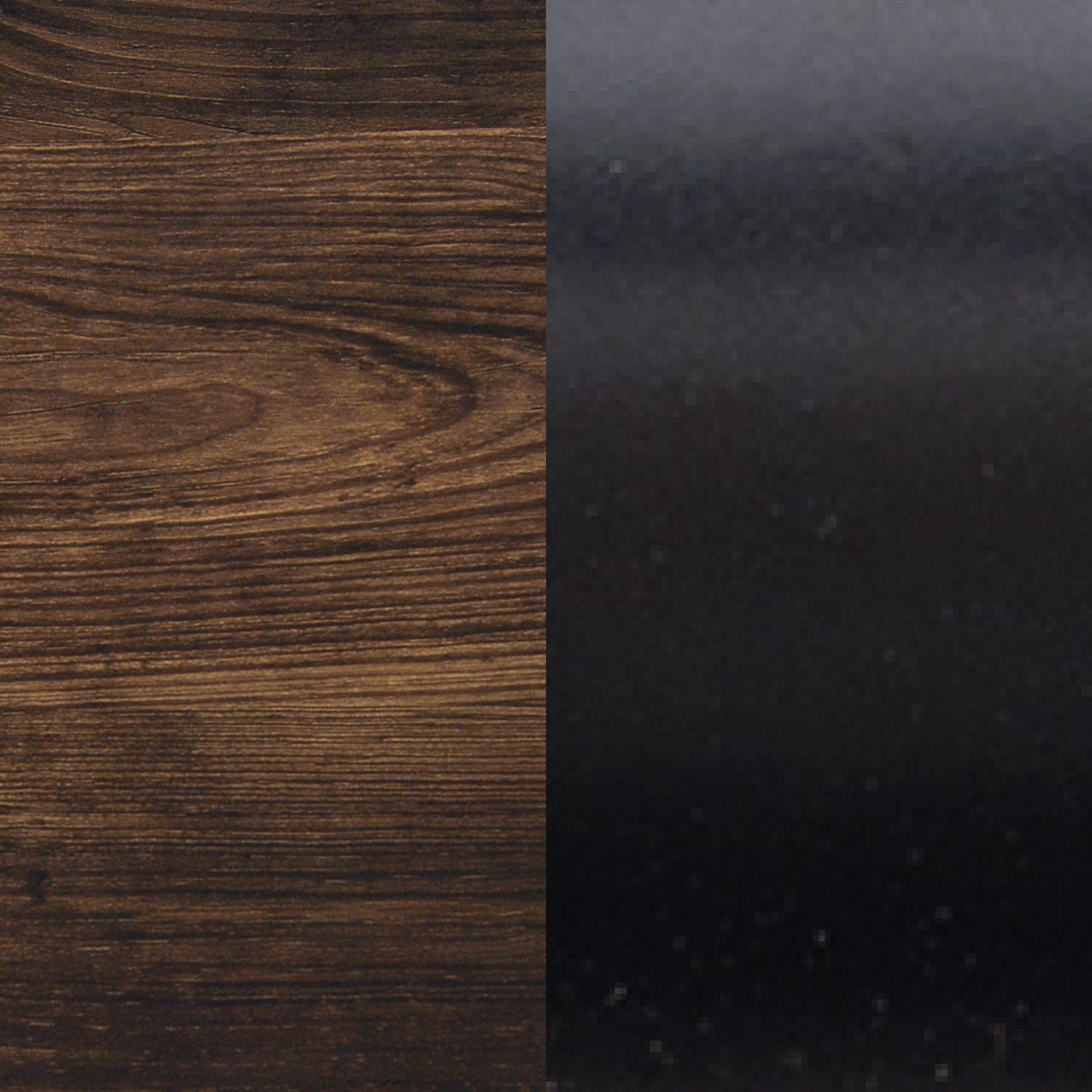 The image is split vertically: the left side shows a dark wood grain texture, while the right side displays a smooth, solid black surface.