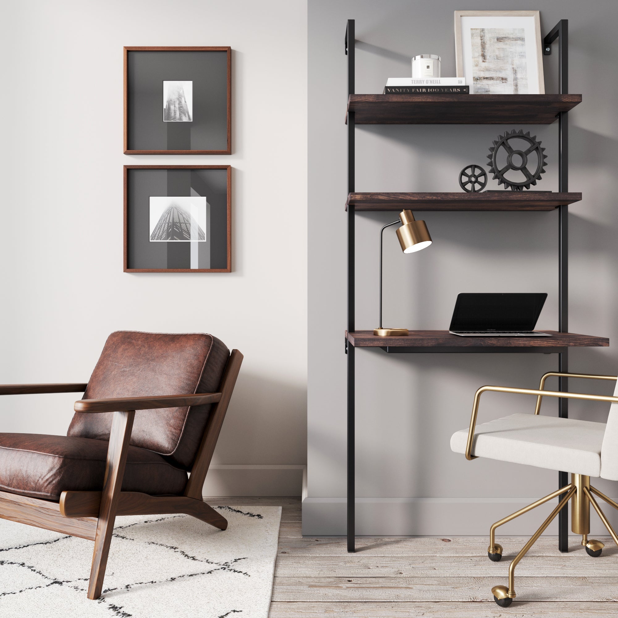 Wood Wall Mount Ladder 2-Shelf Desk Nutmeg - Nathan James