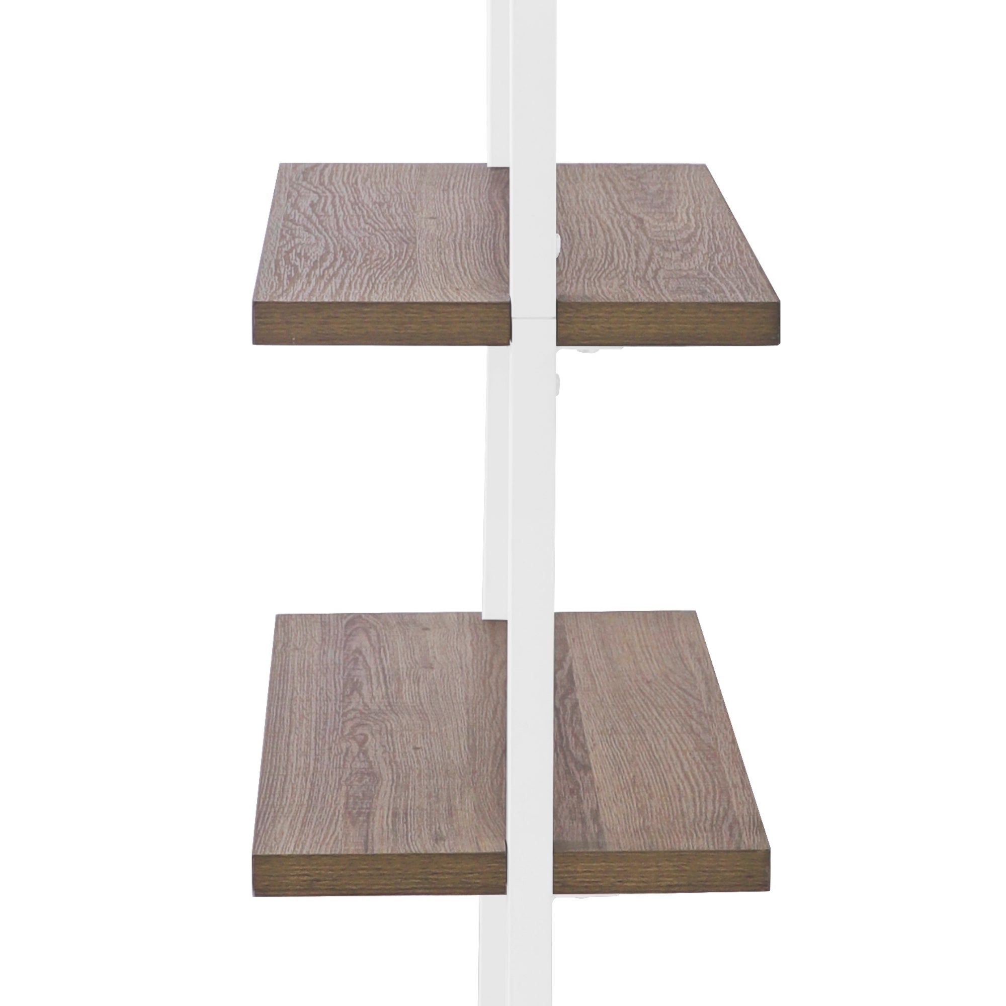 A close-up view of two wooden shelves with a light brown finish, mounted on a white vertical support. The image is taken from the side, showing the thickness and wood grain texture of the shelves.