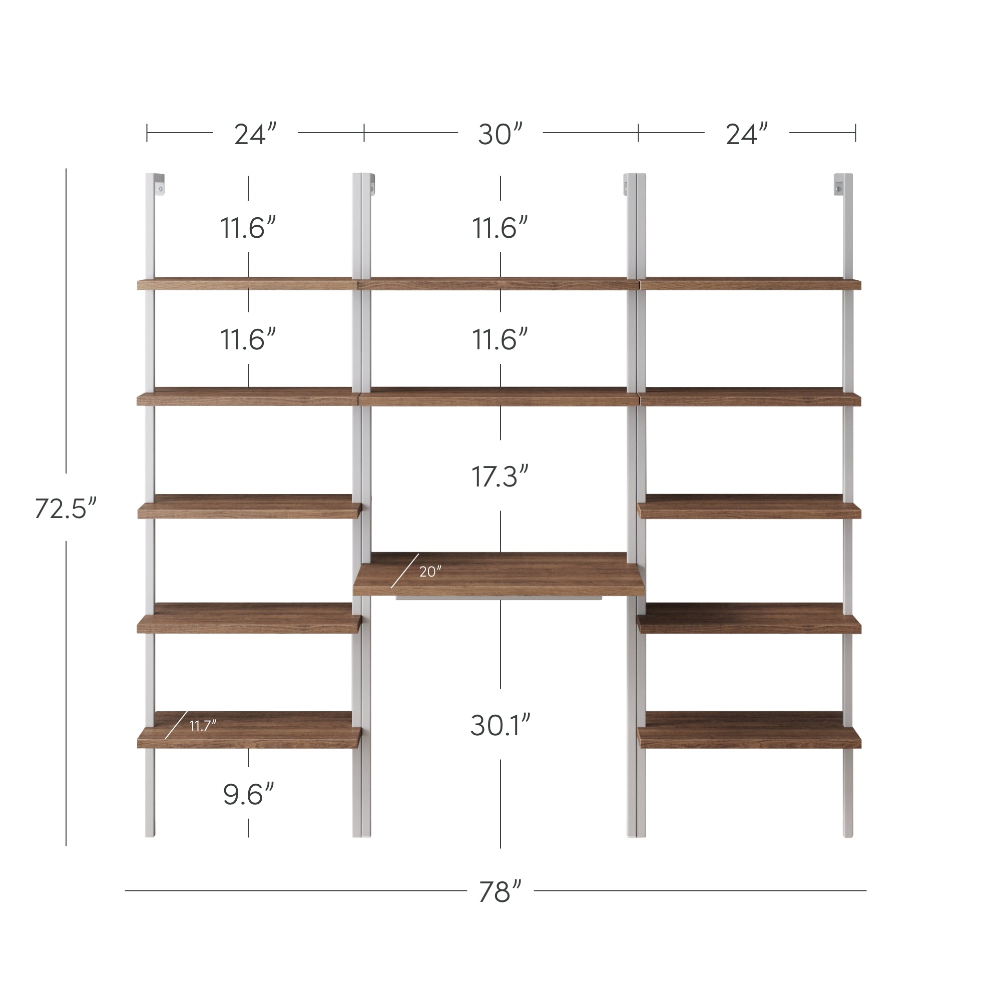 Wall-mounted shelving unit with five tiers, central desk area, and measurements labeled: overall width 78, height 72.5, shelf widths 24-30, shelf heights mostly 11.6-17.3, desk width 20, and depth markings.