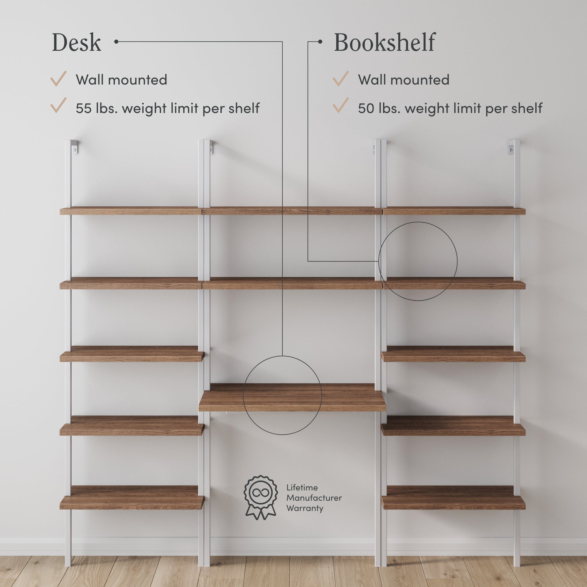 Wall-mounted shelving unit with a desk section on the left (55 lbs. weight limit per shelf) and a bookshelf section on the right (50 lbs. weight limit per shelf) against a white wall. Lifetime Manufacturer Warranty is noted below.
