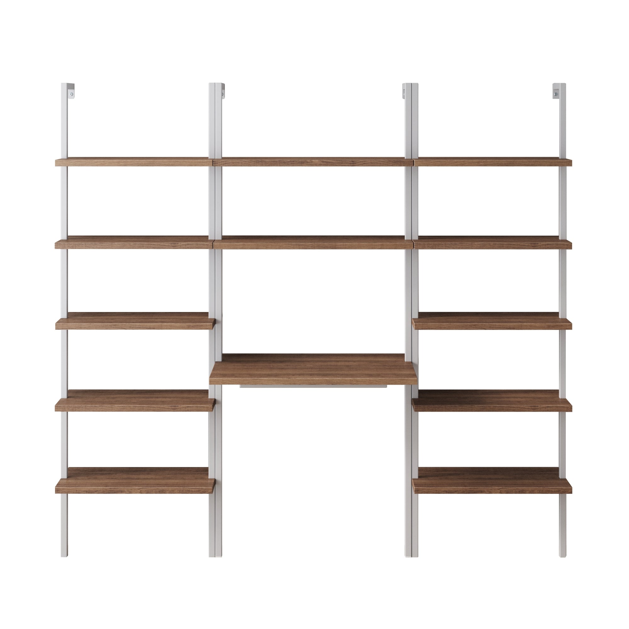 A modern wall-mounted shelving unit with white metal supports and three columns of wooden shelves, including a central desk-like surface, all against a plain white background.