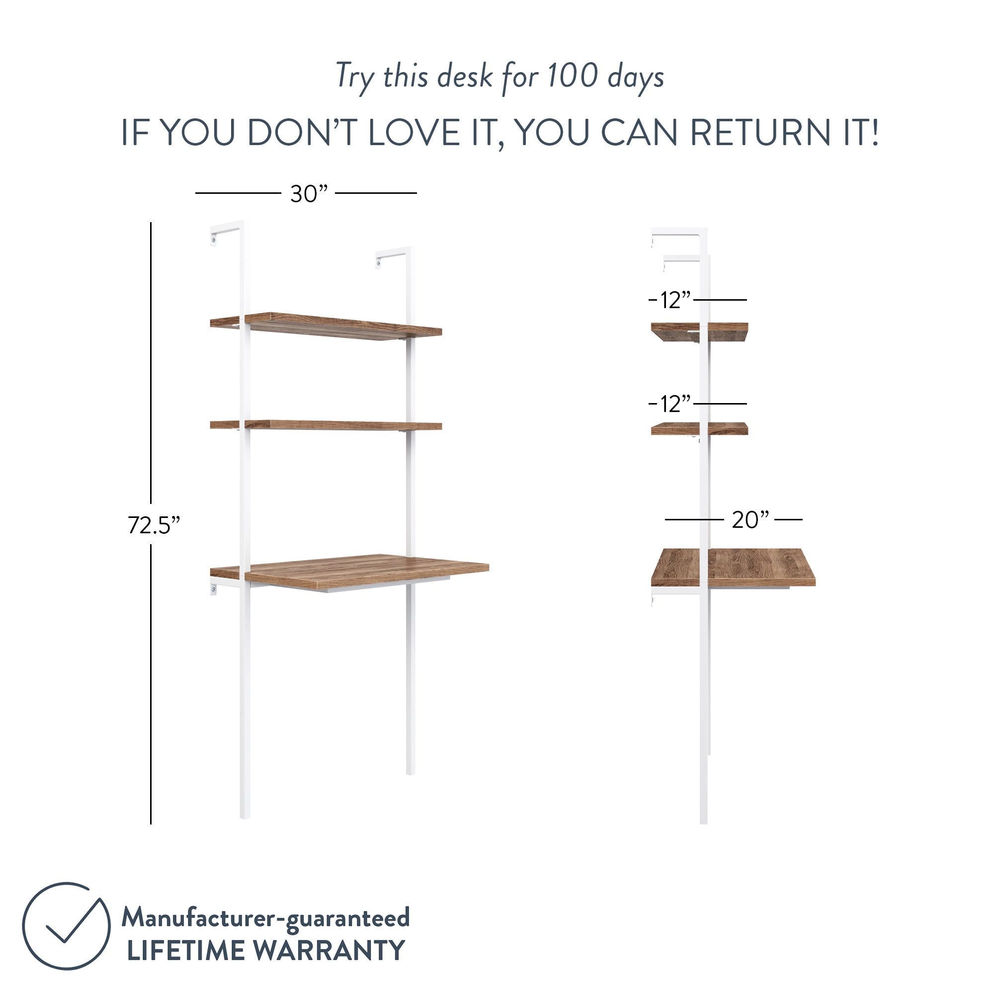 Illustration of a wall-mounted desk with three wooden shelves, showing dimensions: 72.5 tall, 30 wide, shelves 12 apart and 20 deep. Text offers a 100-day return policy and a lifetime warranty.