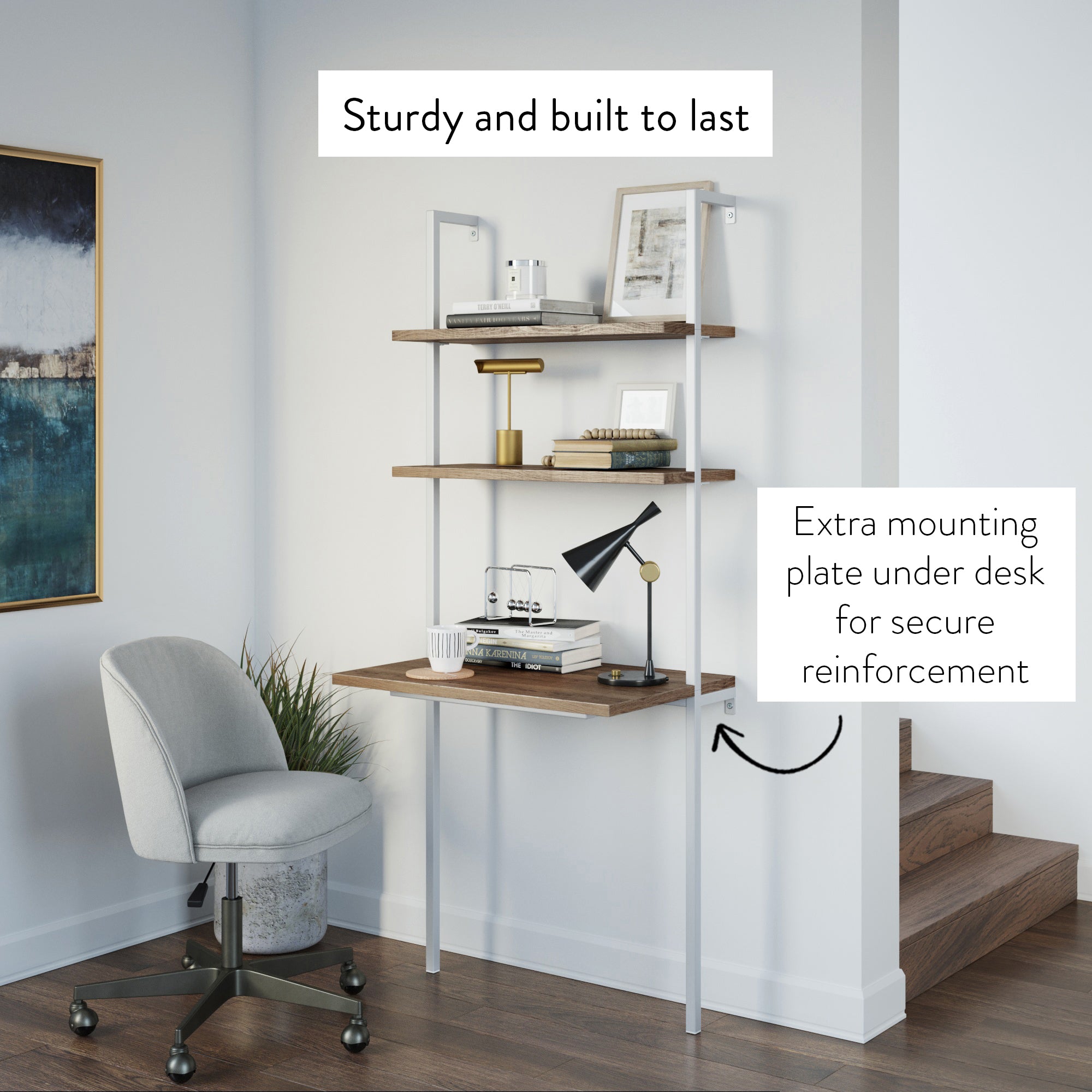 A modern workspace with a wall-mounted desk and three shelves, decorated with books and decor. A grey chair sits nearby. Text reads: Sturdy and built to last and Extra mounting plate under desk for secure reinforcement.