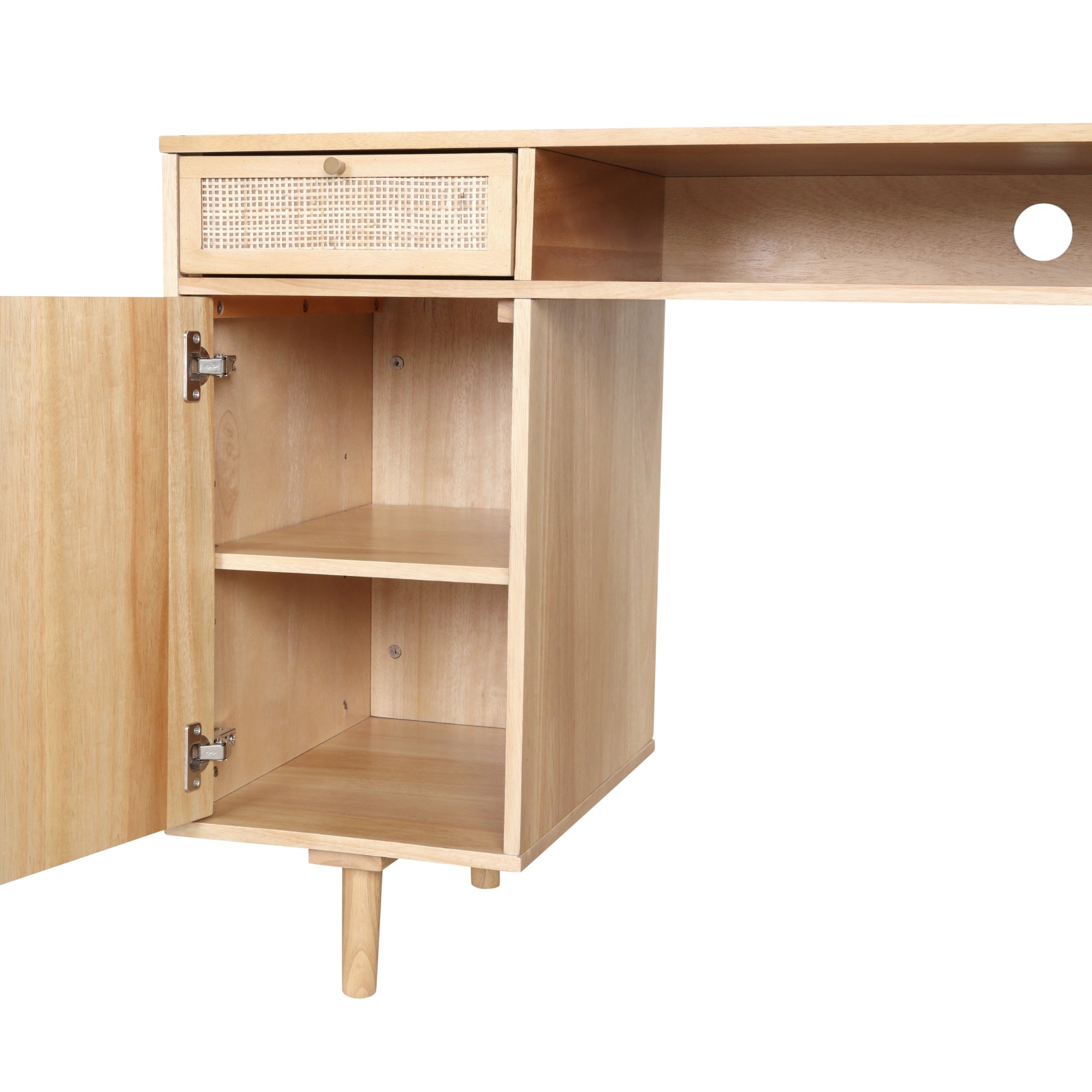 A wooden desk with a single drawer featuring a woven front, an open shelf above, and a cabinet with a door and internal shelf below. The desk is a light wood tone with simple, minimalist design.
