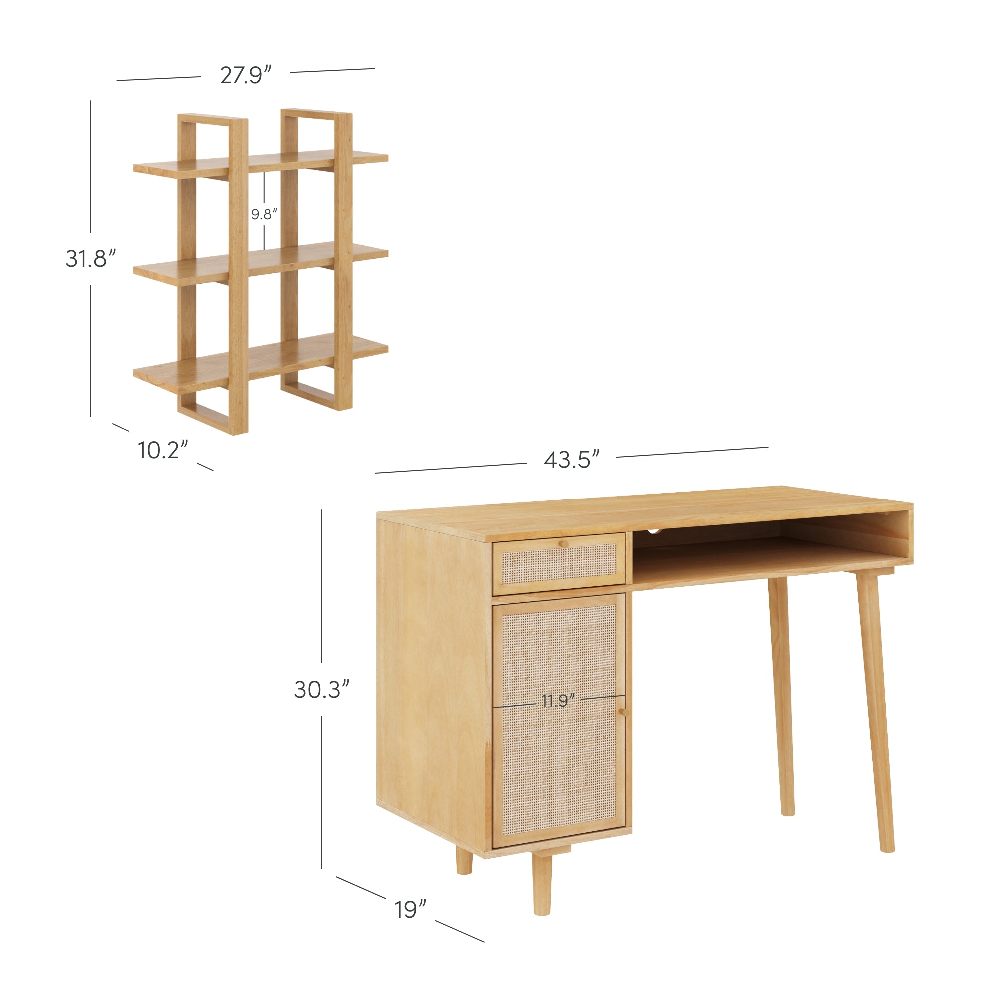 A light wood bookshelf with three shelves, measuring 31.8H x 27.9W x 10.2D, and a matching desk with a drawer and cabinet, measuring 30.3H x 43.5W x 19D.