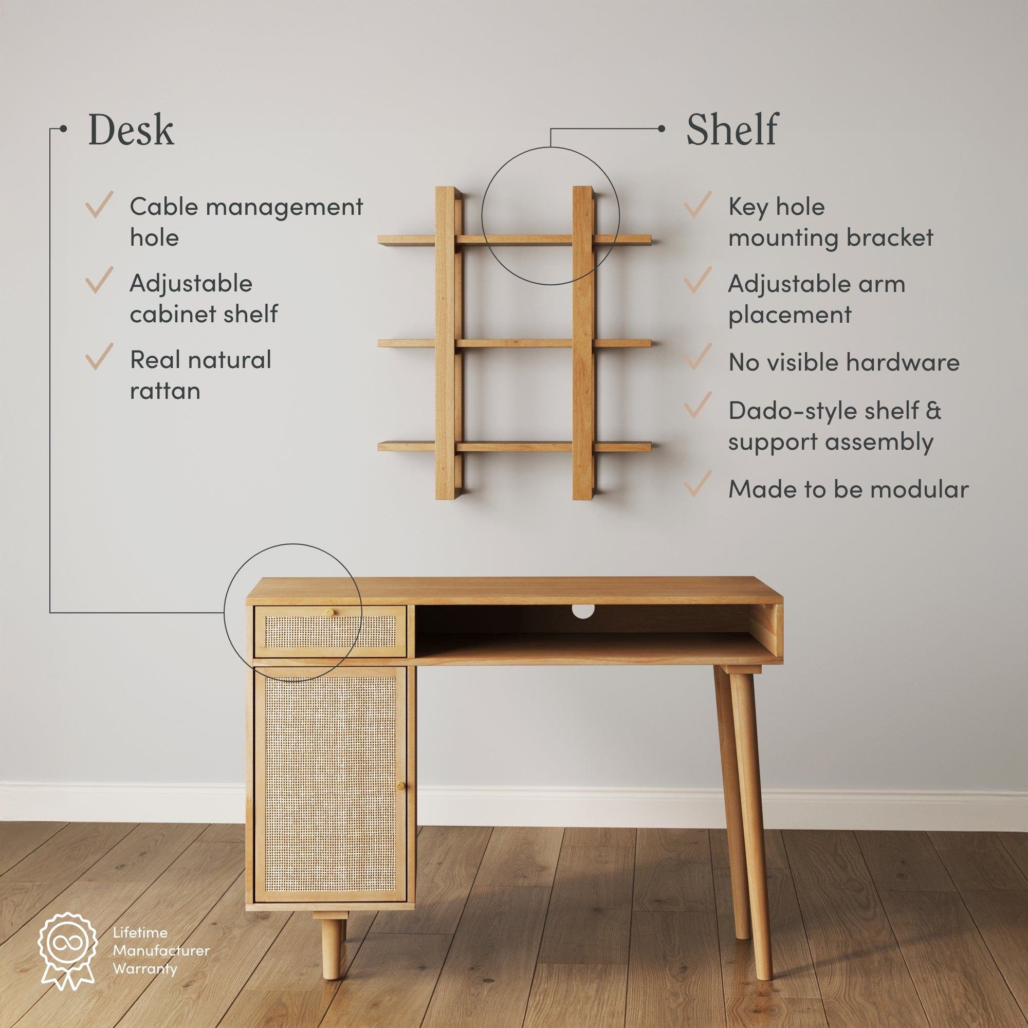 A modern wooden desk with a rattan cabinet and a matching wall shelf above it. Text highlights desk and shelf features, such as cable management, adjustable shelves, modular design, and a lifetime warranty symbol in the corner.