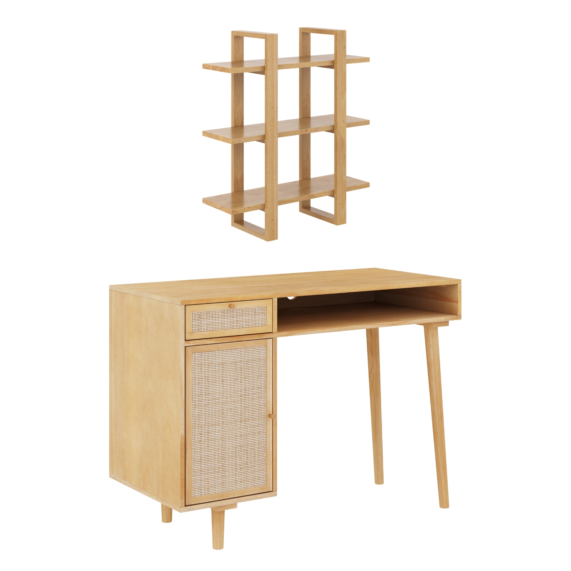A light wood writing desk with a side cabinet and drawer, paired with a matching wall-mounted wooden shelf featuring three open shelves, both in a minimalist style.