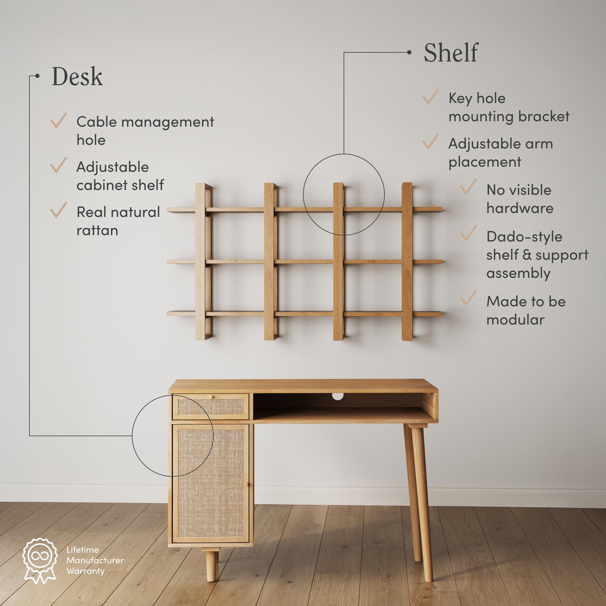 A minimalist wooden desk with a rattan cabinet stands below a matching wall-mounted shelf. Text highlights features like adjustable shelves, cable management, and modular design. A warranty badge appears in the lower left corner.