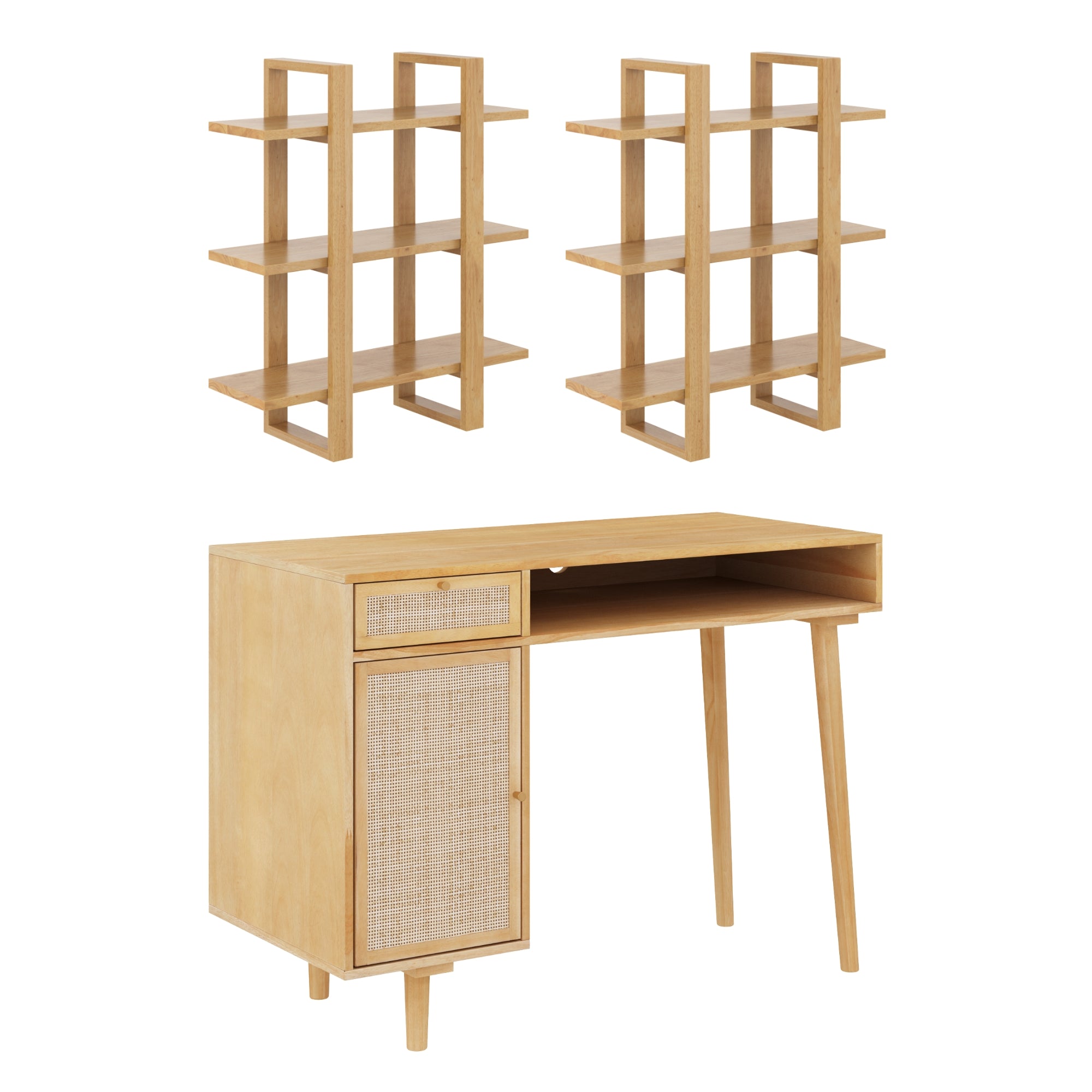 A light wood desk with one drawer and one cabinet, paired with two matching open-shelf wall units, all featuring a simple, modern design.