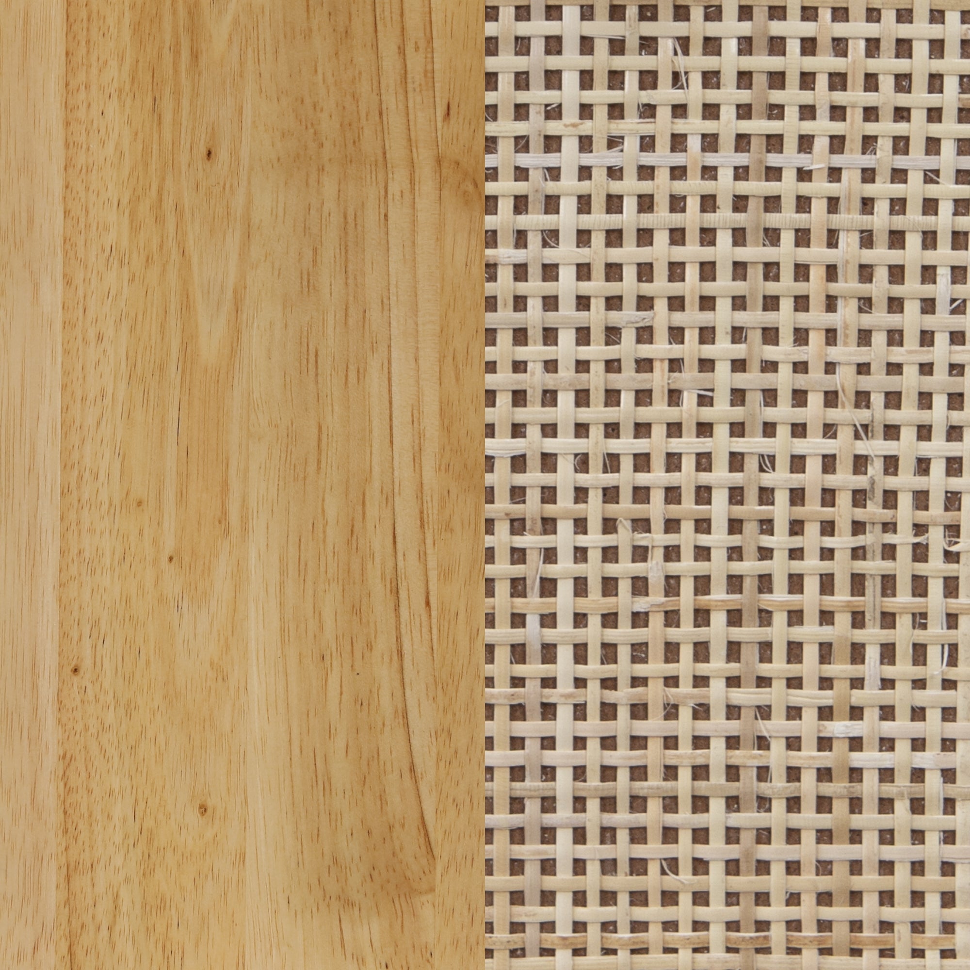 A split image showing two textures: smooth light wood on the left and woven rattan cane webbing with a grid pattern on the right, both in natural beige tones.