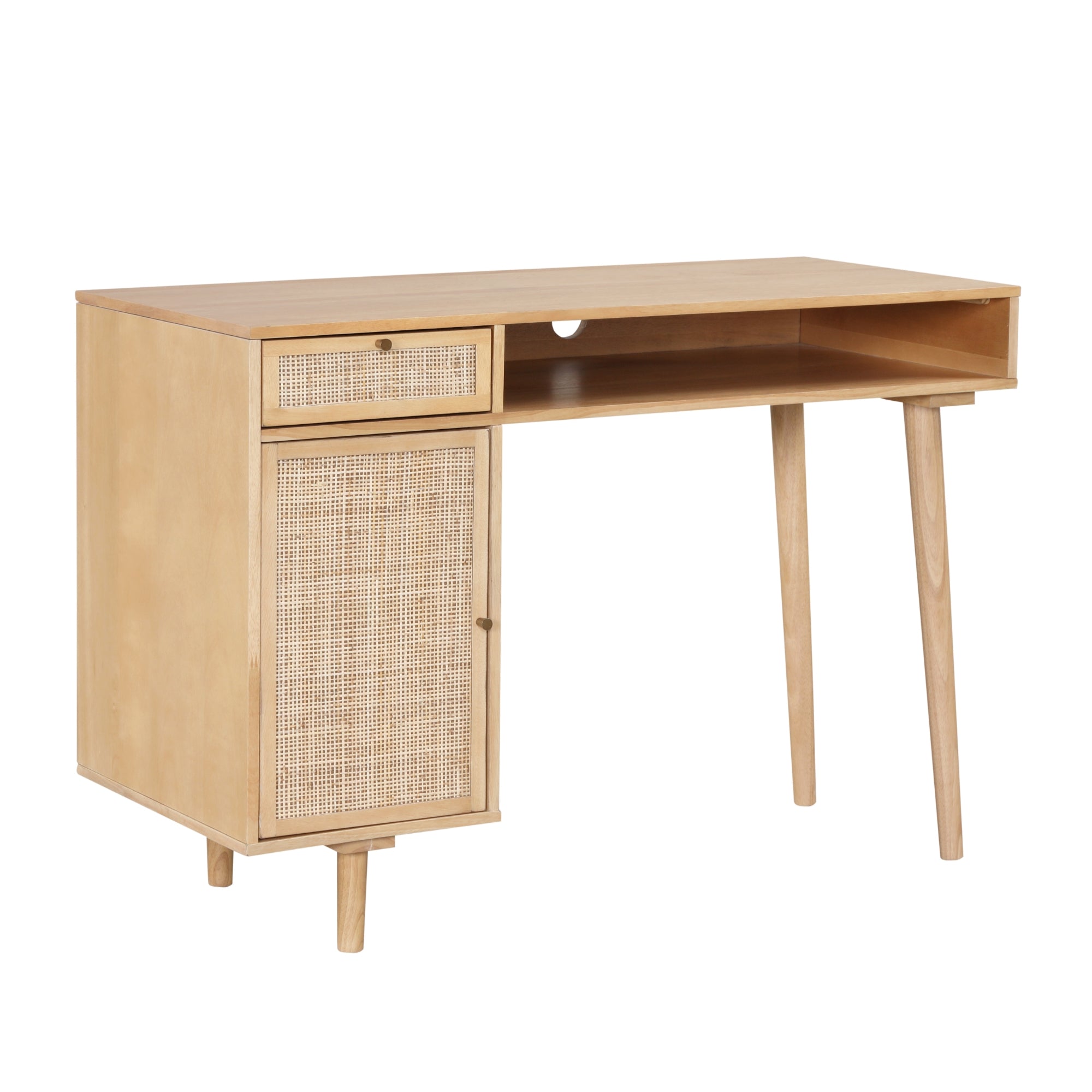Light wood desk with a right-side open leg design, one drawer and one cabinet on the left, both featuring a woven rattan front, and an open shelf above the drawer.