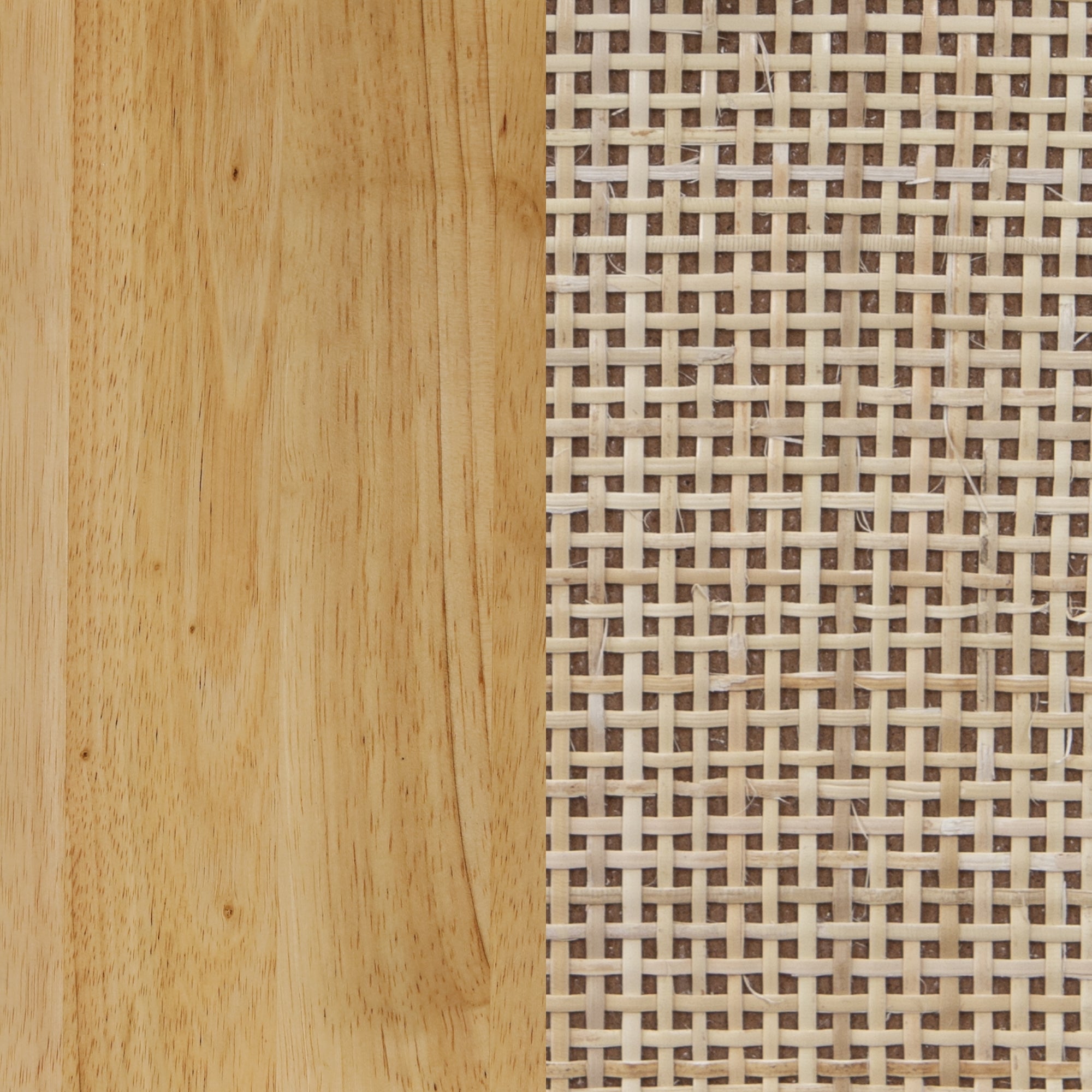 Split image with solid light wood texture on the left and woven rattan cane pattern on the right, showcasing two different natural material surfaces side by side.