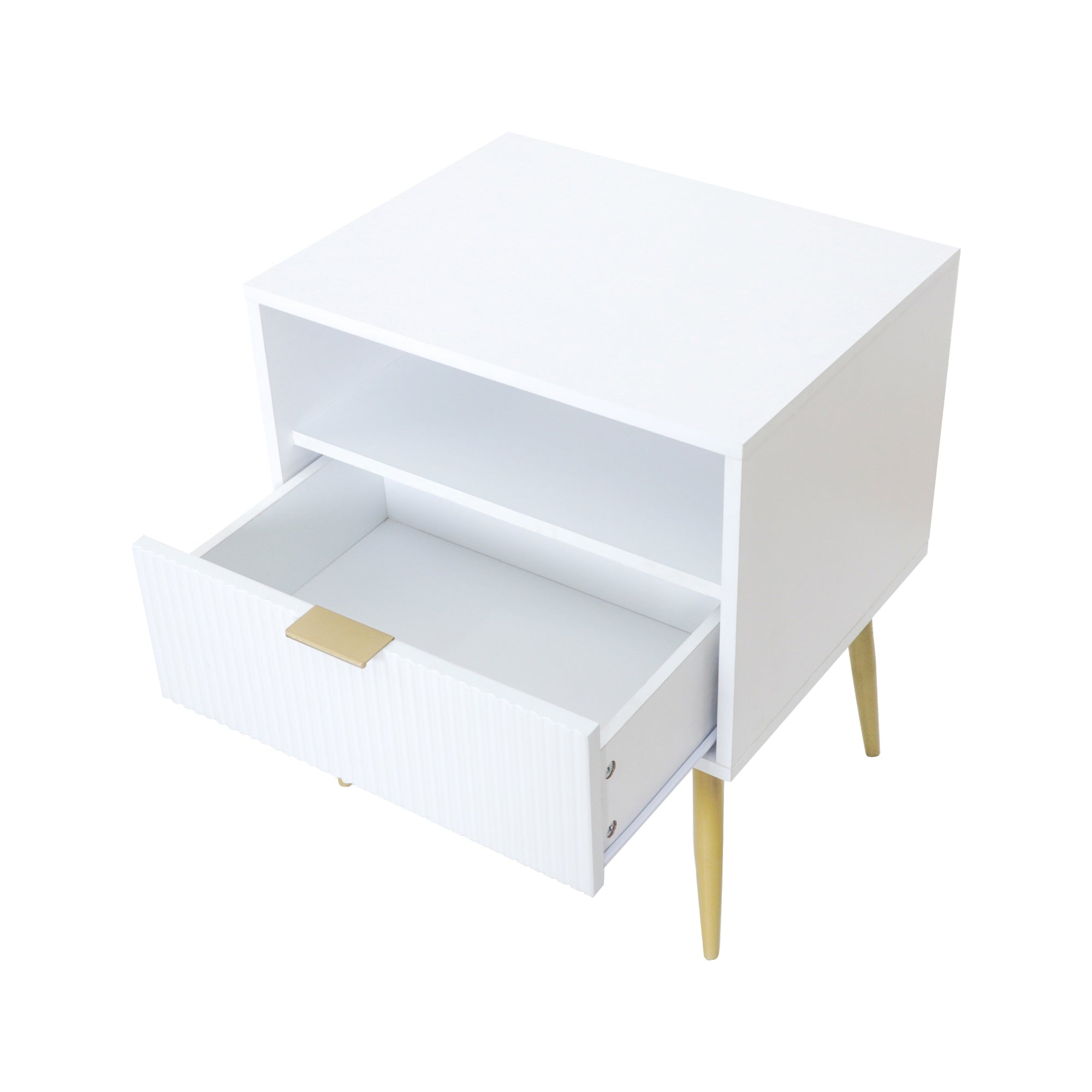 A modern white nightstand with gold legs, an open shelf, and a single drawer partially pulled out. The drawer has a gold rectangular handle. The background is plain white.