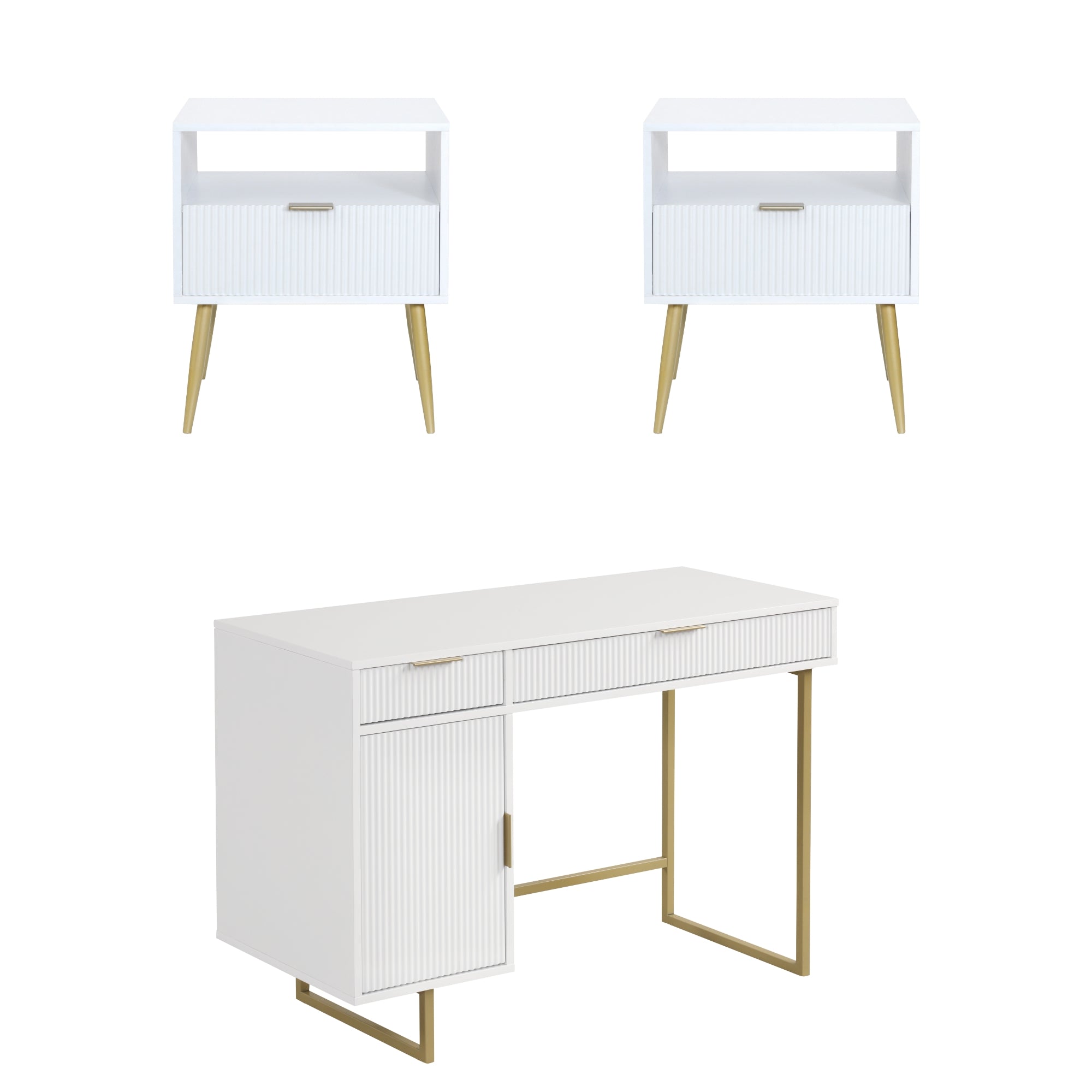 White modern furniture set with gold legs, including two matching nightstands each with an open shelf and drawer, and a matching desk with drawers and a cabinet on one side.
