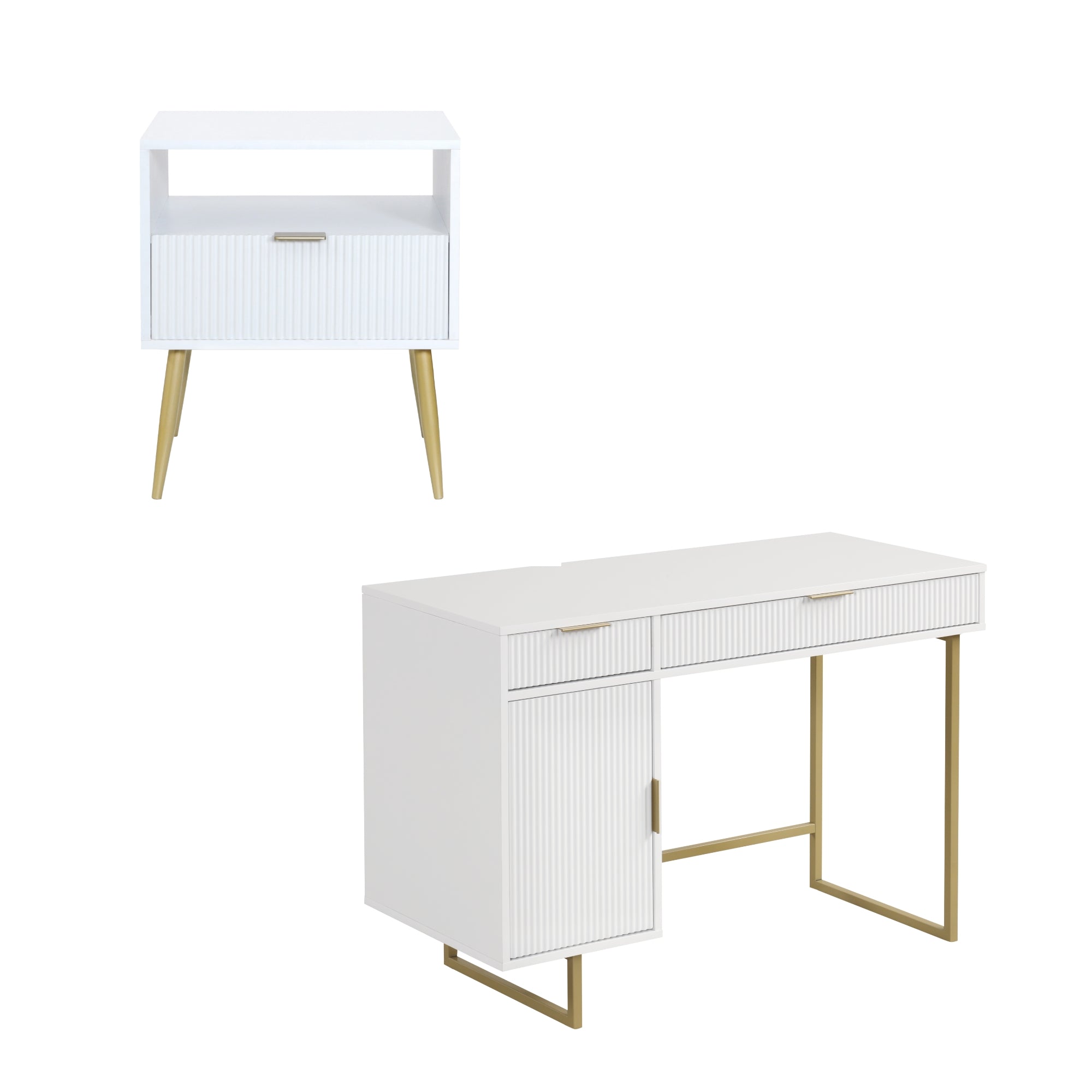 A white nightstand with gold legs and a drawer is above a matching white desk with gold legs, two drawers, and a cabinet, both in a modern style on a white background.