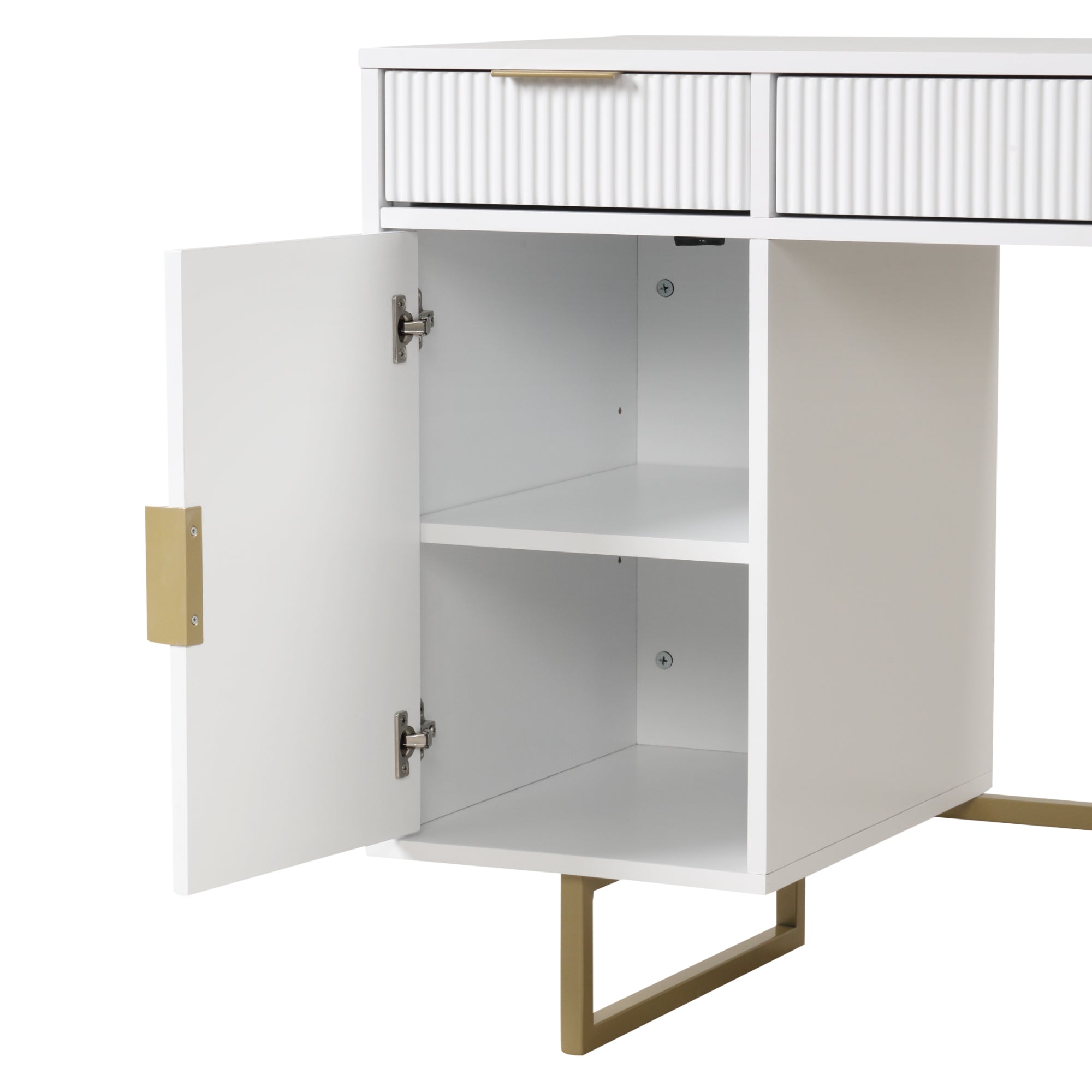 A modern white desk with gold handles and legs, featuring a cabinet door open to reveal two shelves inside. The desk also has upper drawers with a ribbed design.
