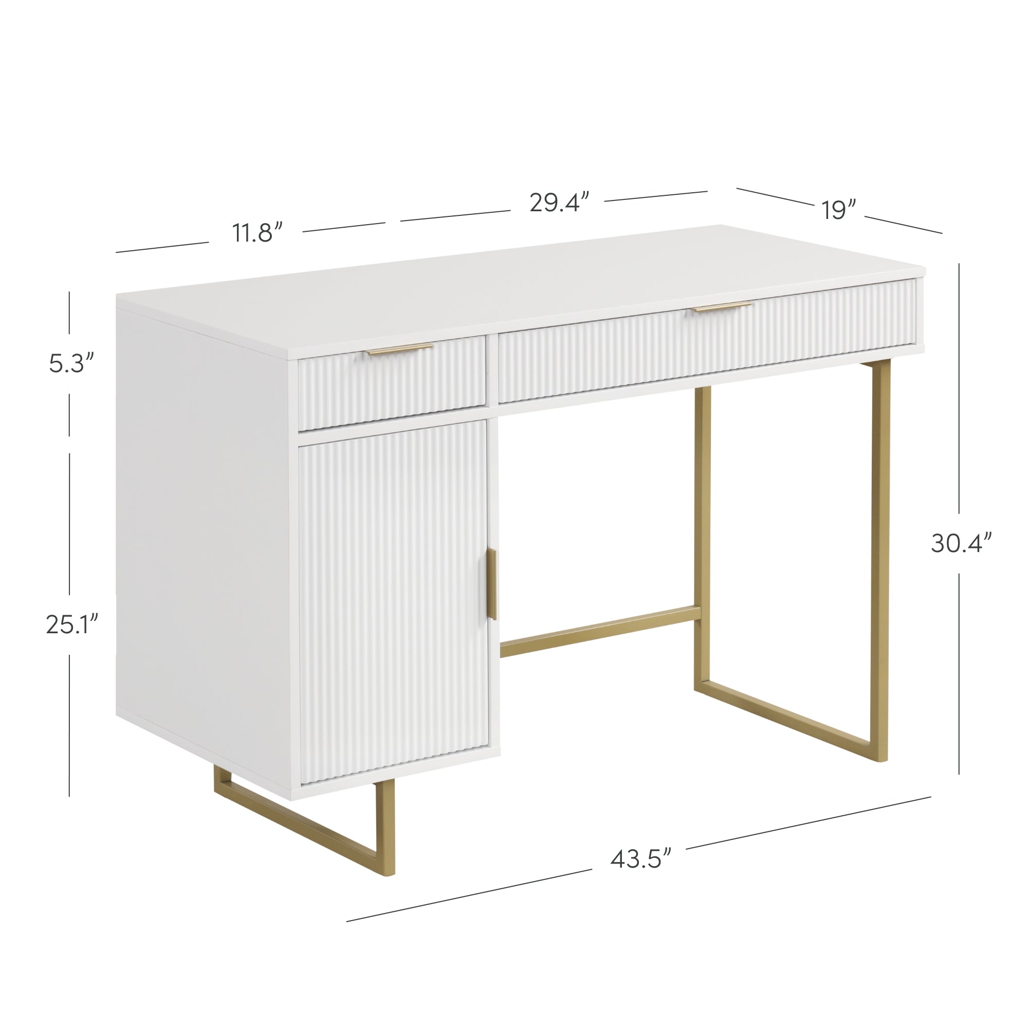 A modern white desk with gold metal legs, two drawers, and a side cabinet. The desk measures 43.5 wide, 19 deep, and 30.4 high. Drawer and cabinet dimensions are labeled with black lines and numbers.