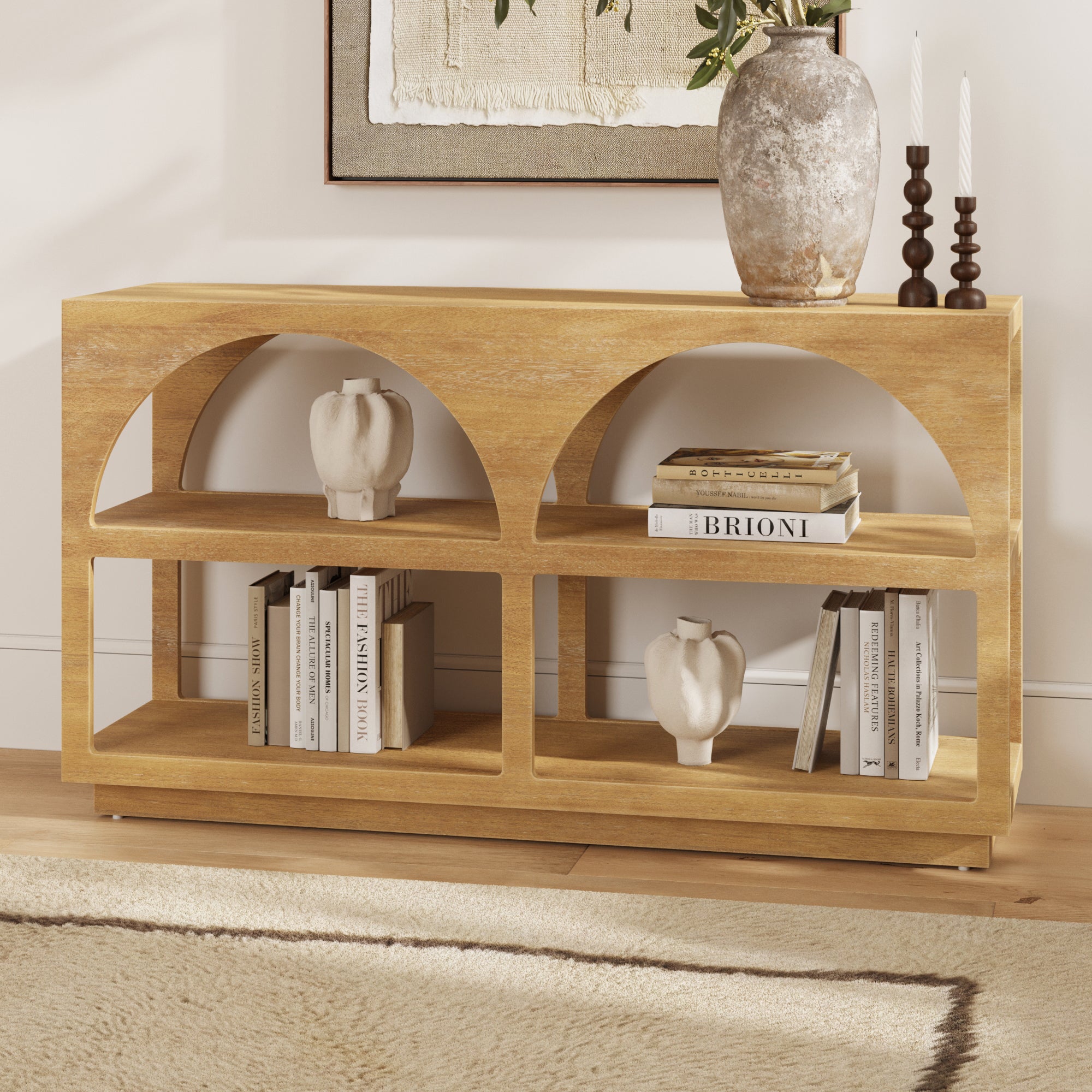 Organic Modern Wood Arched Open Shelf Storage Cabinet Light Brown - Nathan James