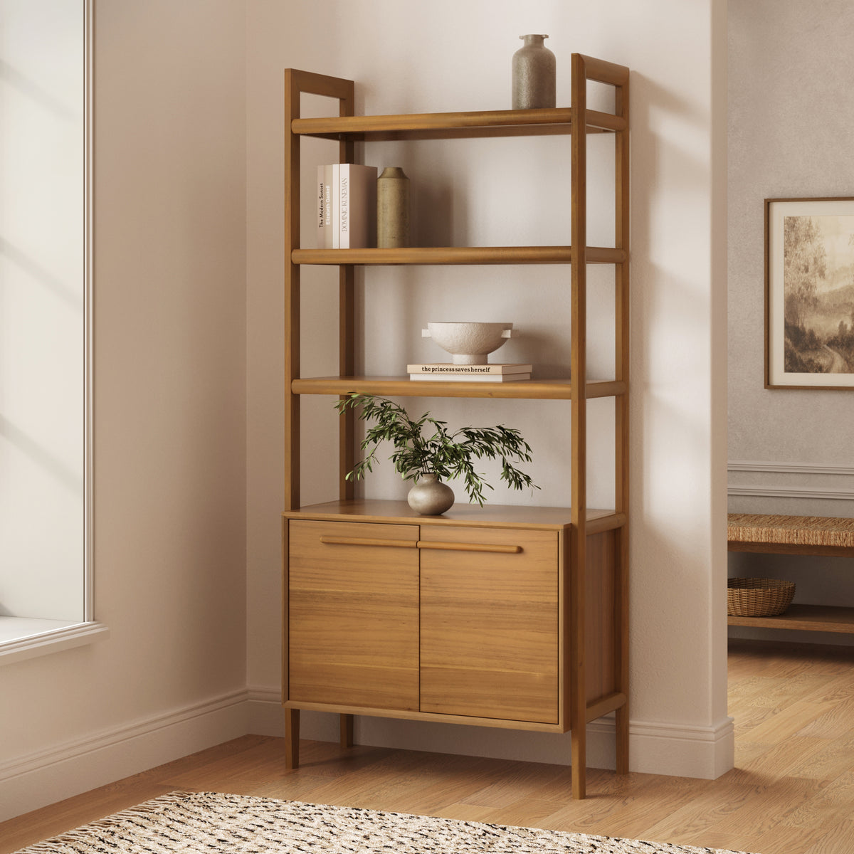 Modern Sculpted Wood Bookshelf with Cabinet Acacia - Nathan James