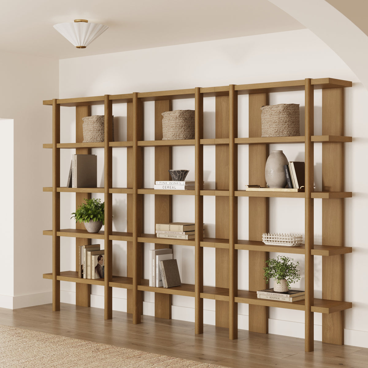 Modern Rounded Wood 5-Shelf Bookshelf Light Brown (Set of 3)