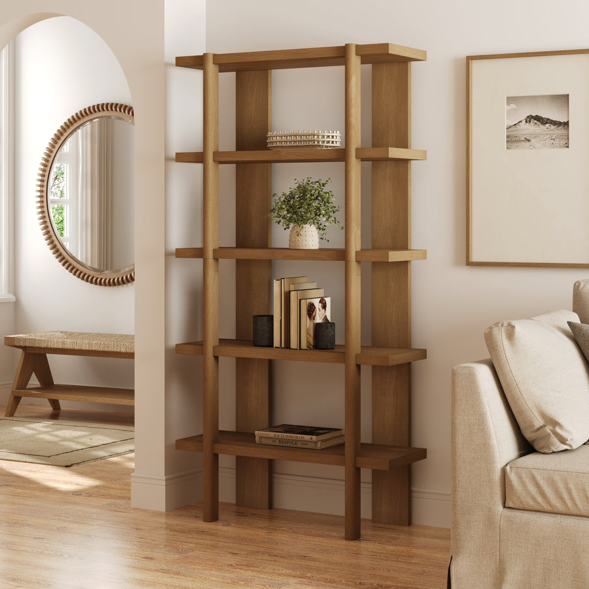 Modern Rounded Wood 5-Shelf Bookshelf Light Brown