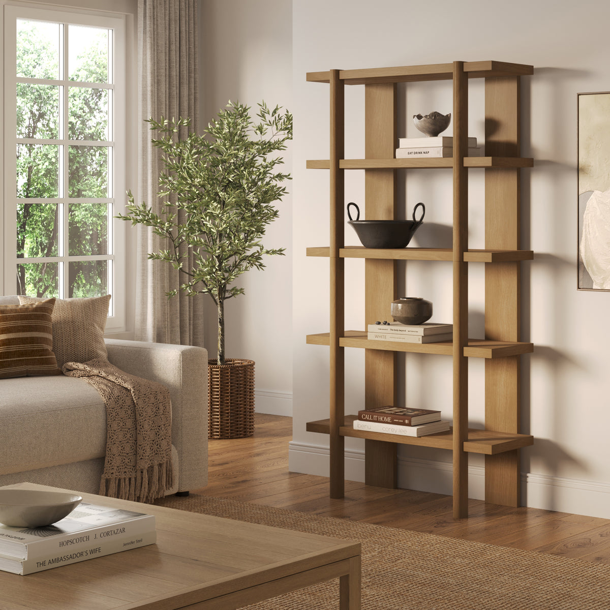Modern Rounded Wood 5-Shelf Bookshelf Light Brown - Nathan James