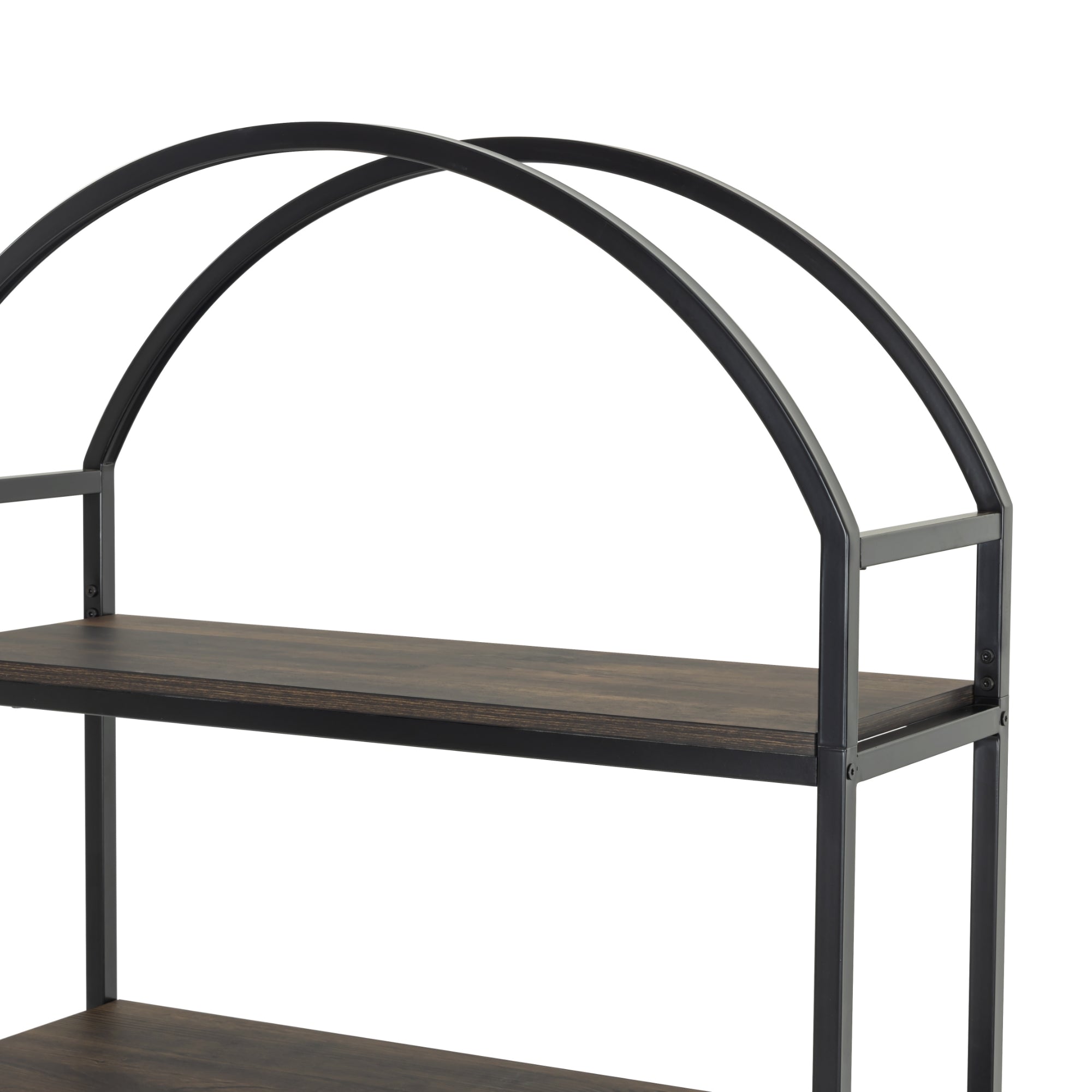A close-up of a metal and wood shelf unit with two dark wooden shelves and an arched black metal frame on top. The design is modern and minimalist.