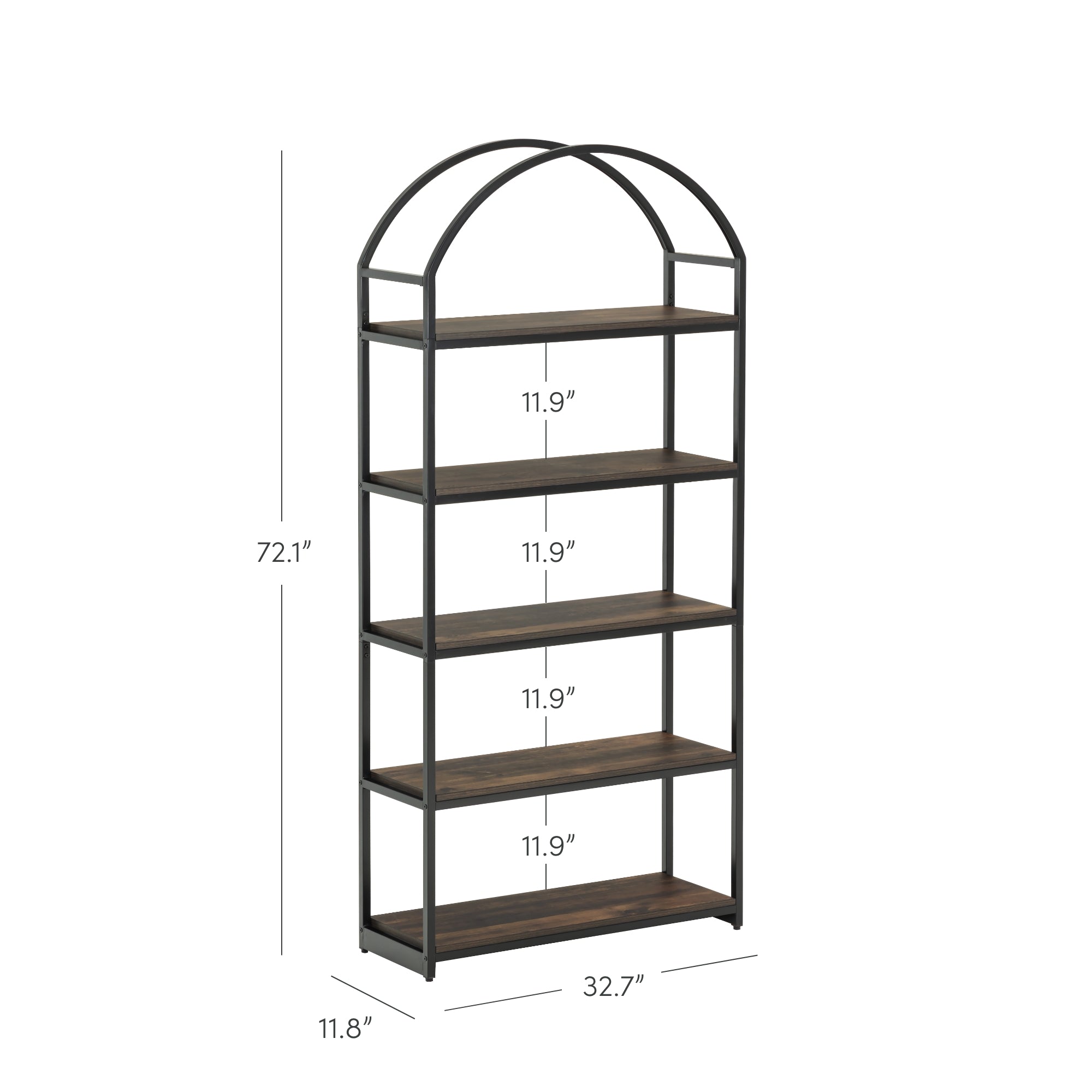 A tall, black metal bookshelf with an arched top and five wooden shelves. Dimensions are 72.1 inches high, 32.7 inches wide, 11.8 inches deep, and each shelf is 11.9 inches apart.