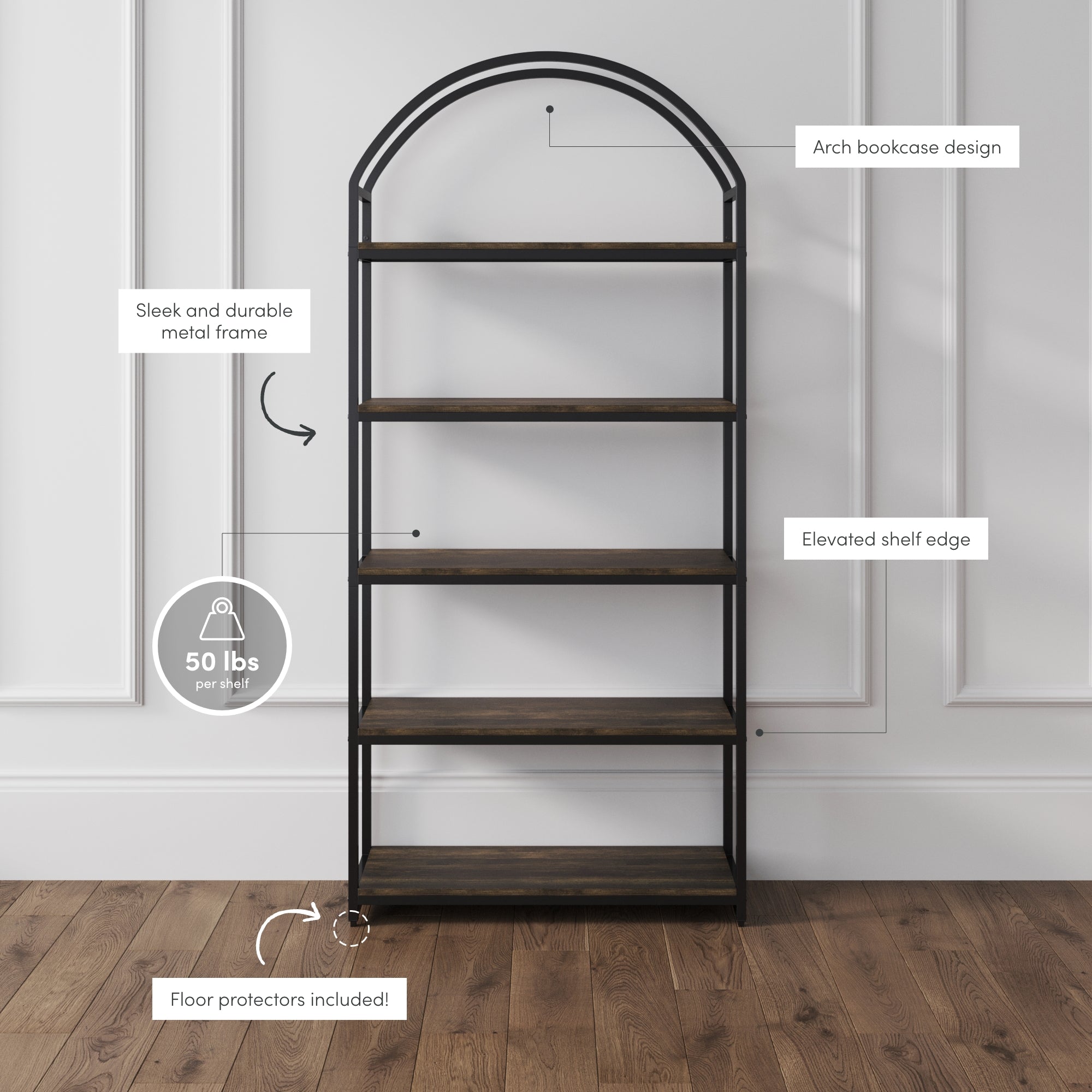A black metal and wood arch bookcase stands against a white paneled wall on a wooden floor. Labeled features highlight its arch design, elevated shelf edges, sleek metal frame, 50 lbs per shelf, and floor protectors.