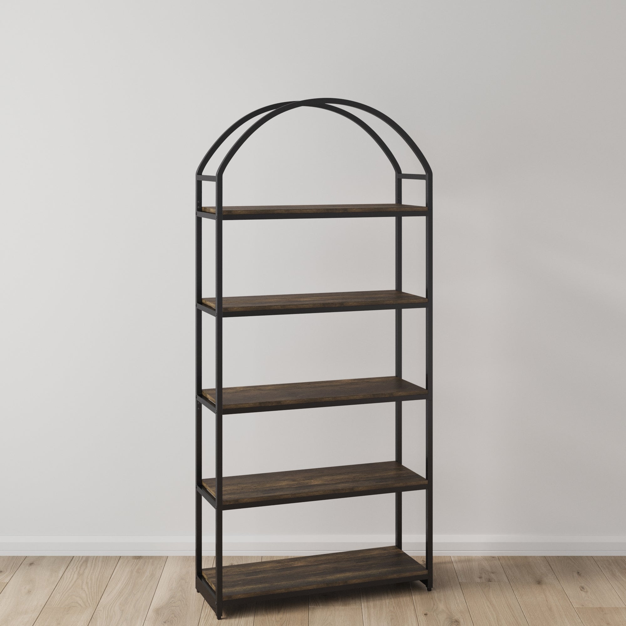 The Nathan James Wood & Metal 5-Shelf Arched Bookshelf in black features five wooden shelves, a matte black metal frame with a rounded arch top, and stands freestanding on a light wood floor against a plain white wall.