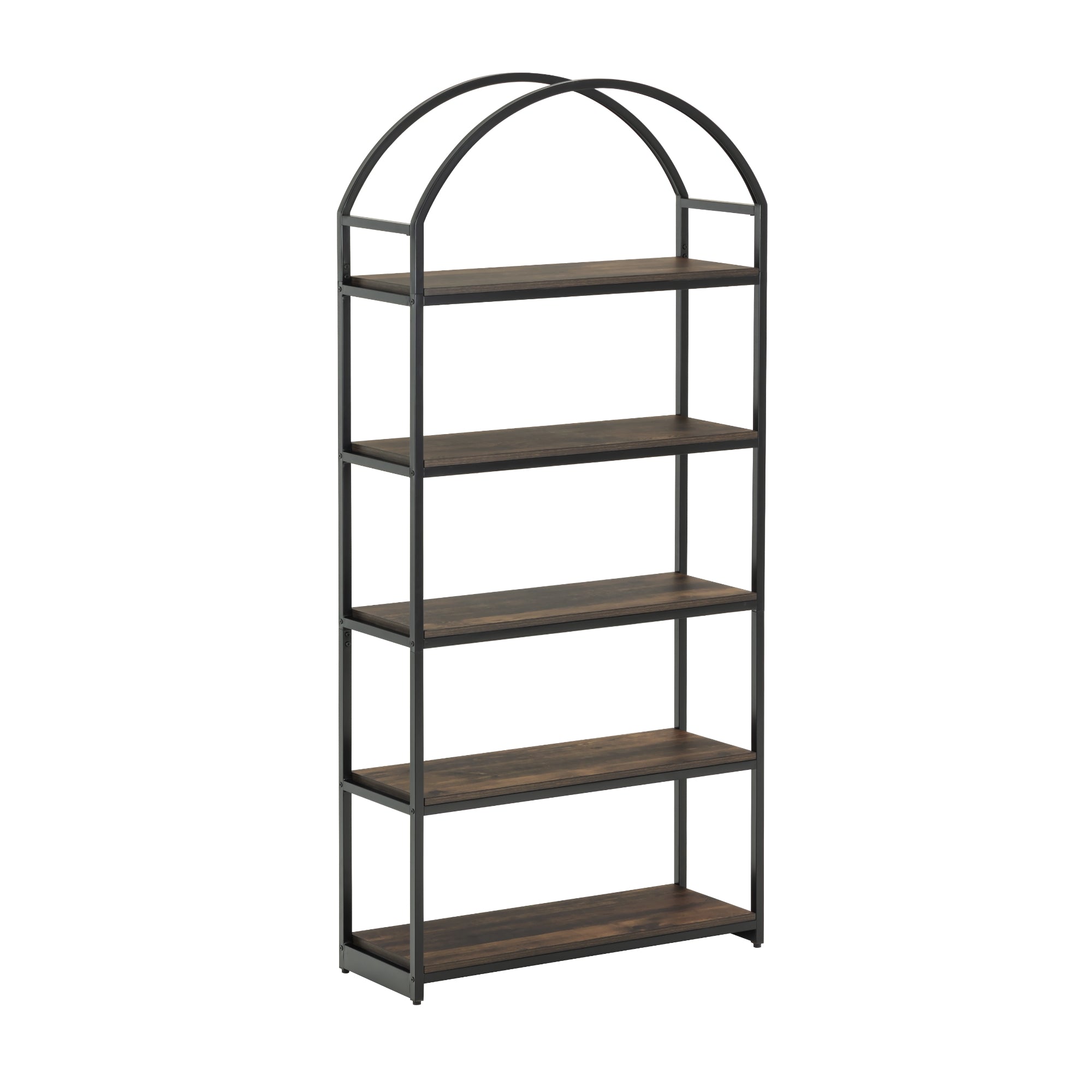 A tall, freestanding bookshelf with a black metal frame and five dark wood shelves. The top features an arched design, giving the structure a modern and stylish look.
