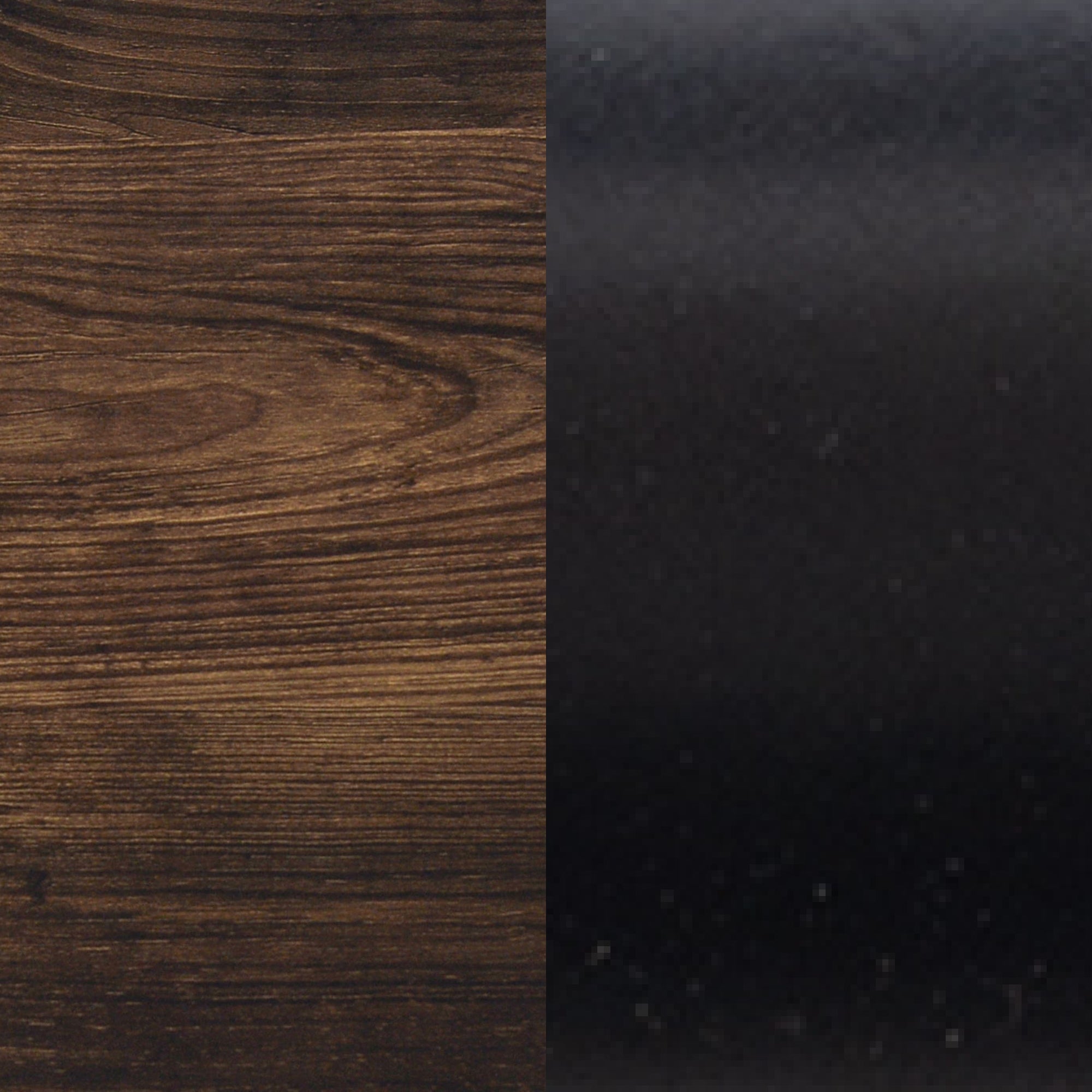 A split image showing two textures: the left side features dark brown wood grain, while the right side displays a smooth, matte black surface.