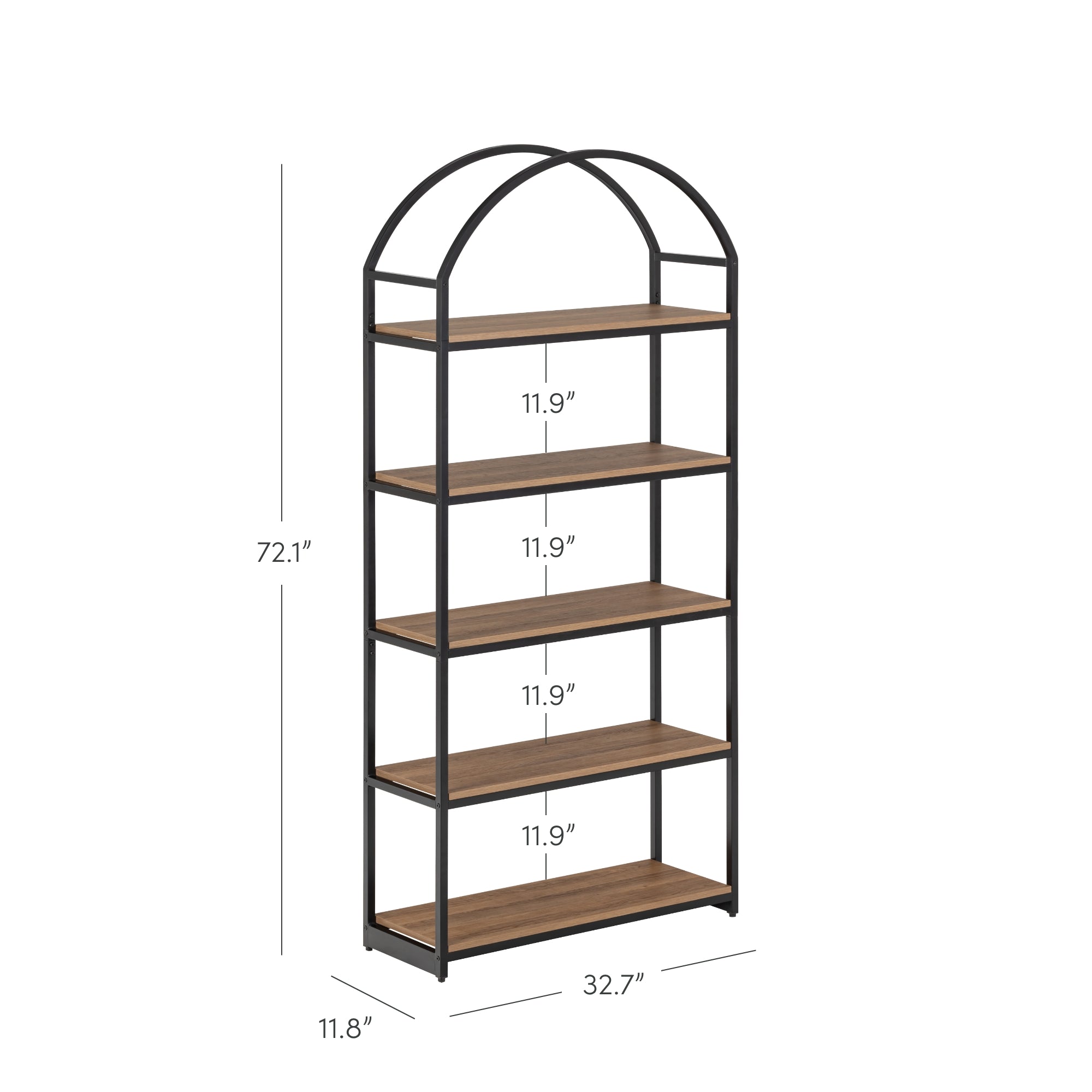 A tall, black metal bookshelf with an arched top and five wooden shelves. Dimensions are 72.1 inches high, 32.7 inches wide, and 11.8 inches deep; each shelf has a height of 11.9 inches.