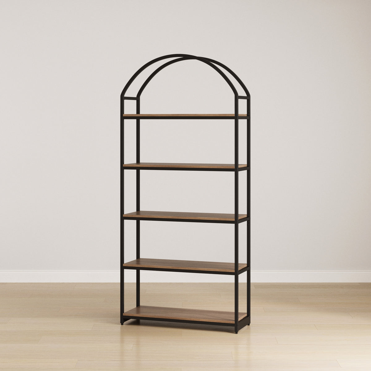 Wood & Metal 5-Shelf Arched Bookshelf Oak