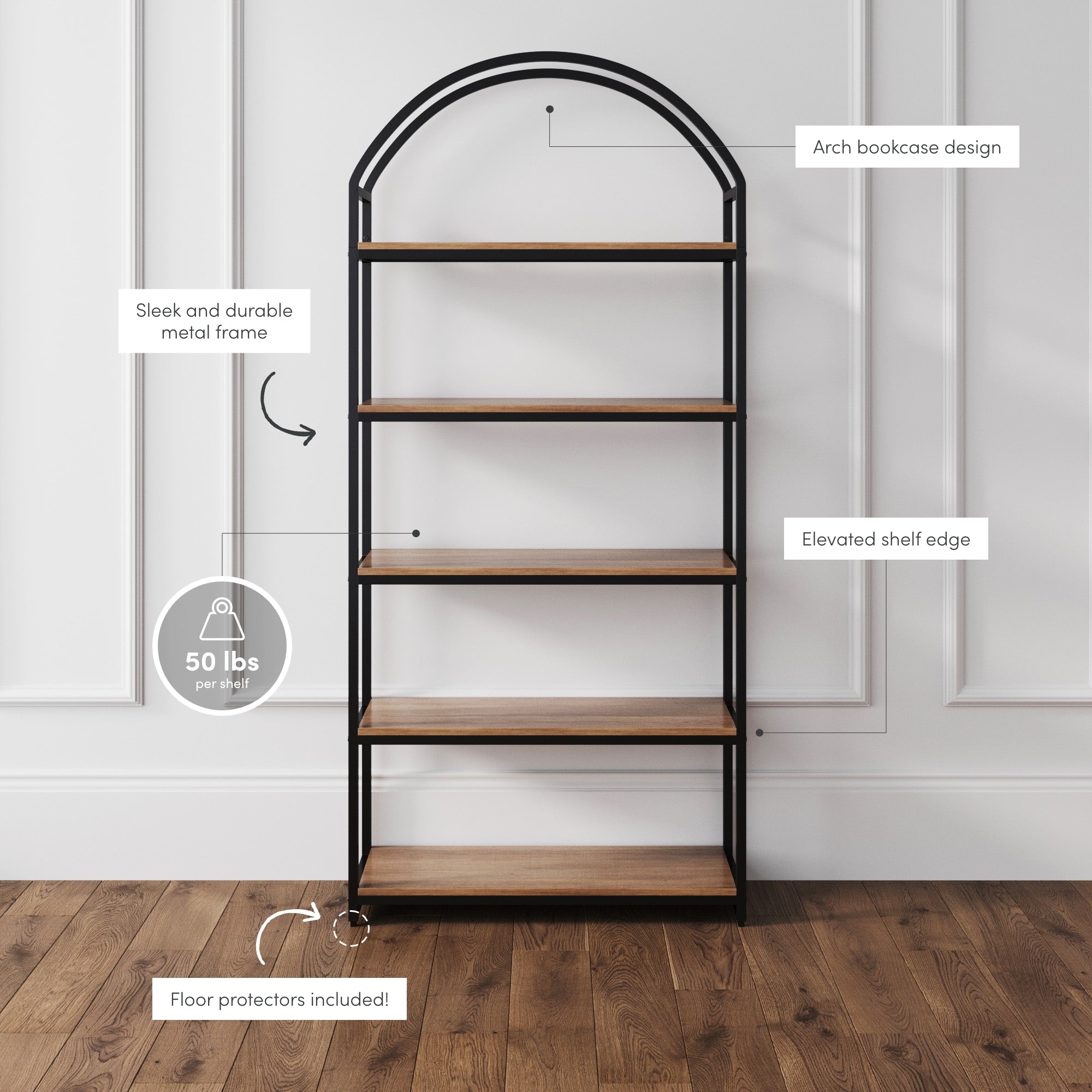 A tall, arched bookcase with a black metal frame and wooden shelves stands against a white wall. Labels highlight its arch design, elevated shelf edges, 50 lbs per shelf capacity, and included floor protectors.