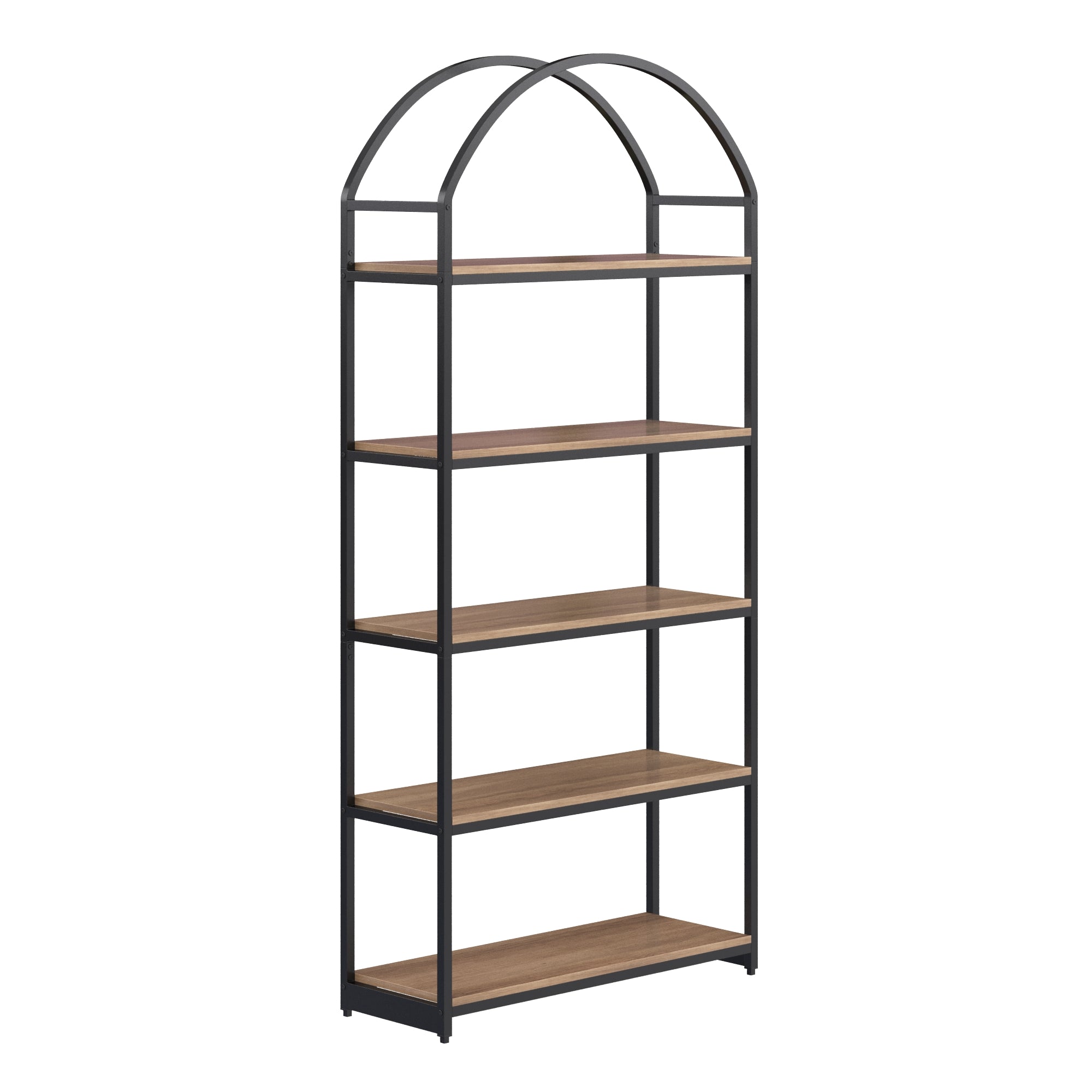 A tall shelving unit with a black metal frame, five wooden shelves, and an arched top design, standing on a white background.
