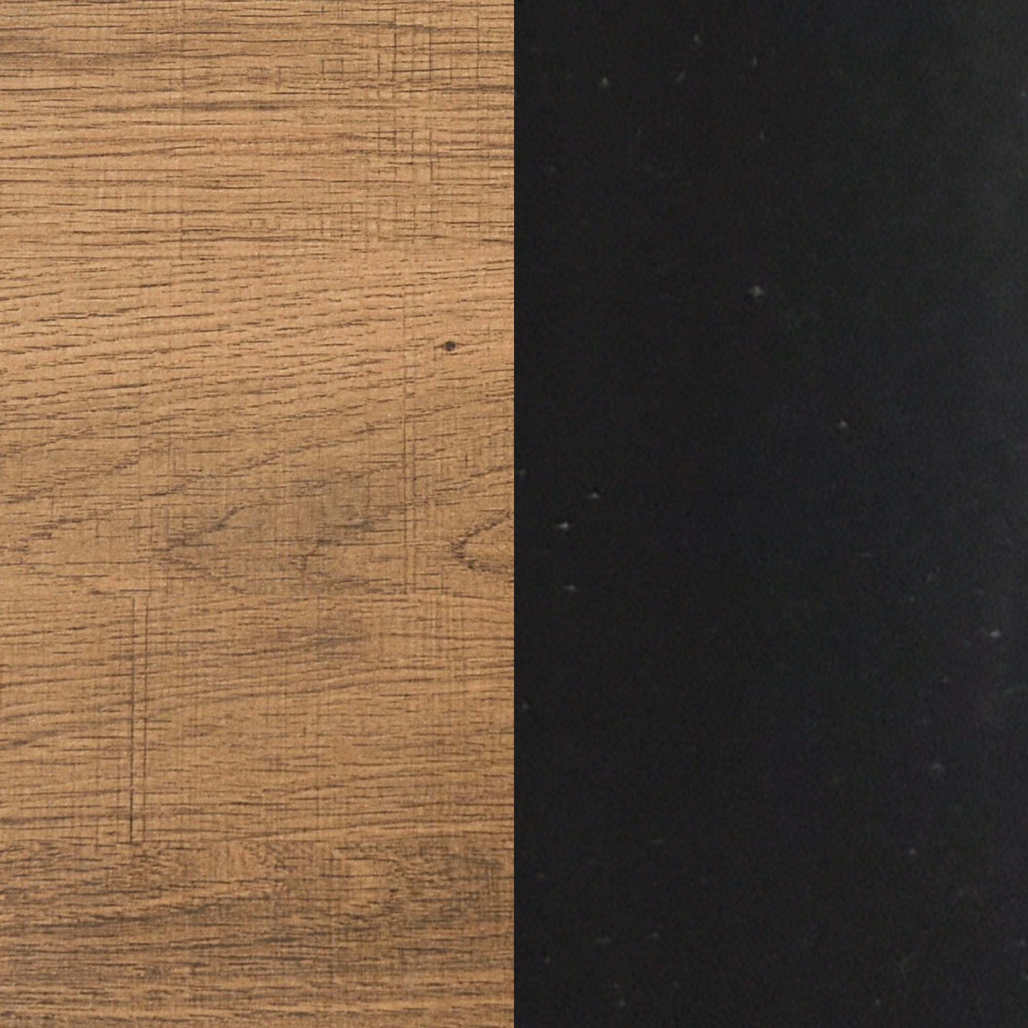 The image is split vertically: the left side shows a light brown wood texture with visible grain, while the right side is a solid matte black color.