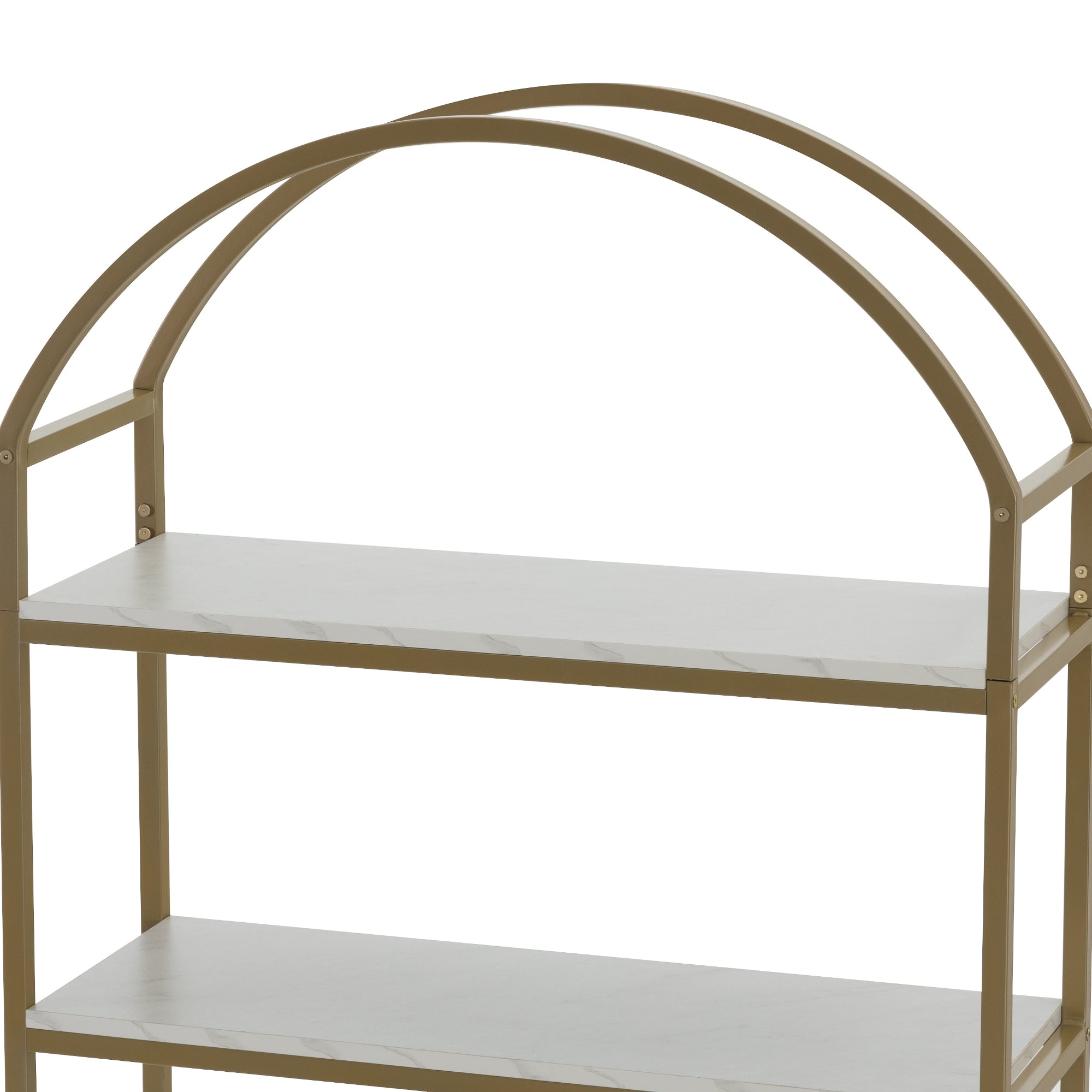 A close-up of a two-tiered shelf unit with a gold metal frame and arched top, featuring two rectangular white shelves.